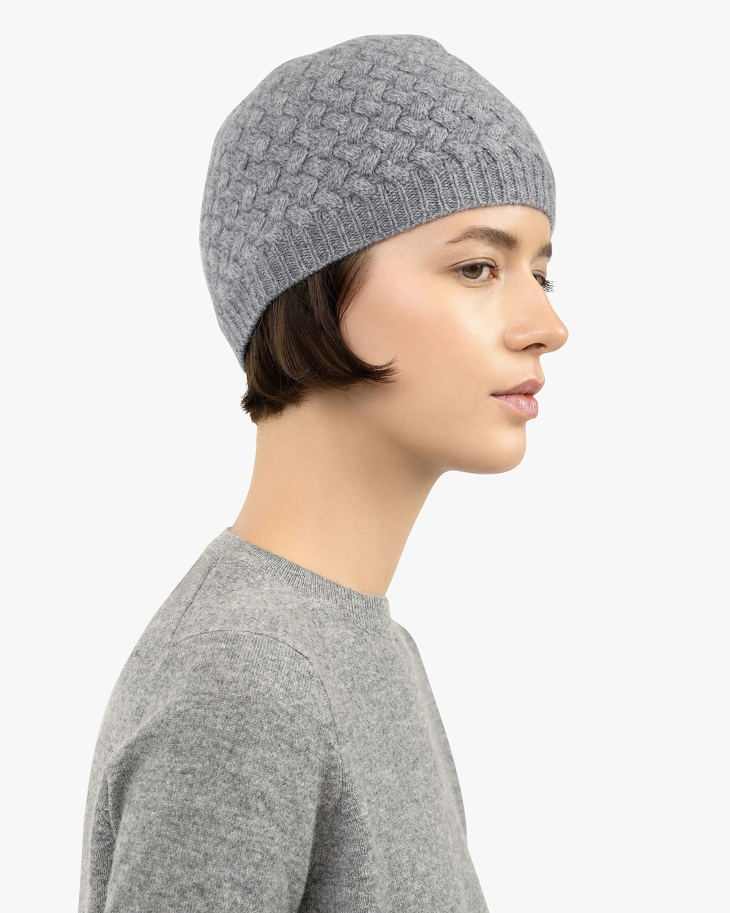 Basket Weave Beanie - Medium Grey Cashmere