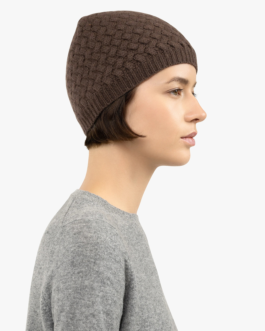Basket Weave Beanie - Brown Cashmere