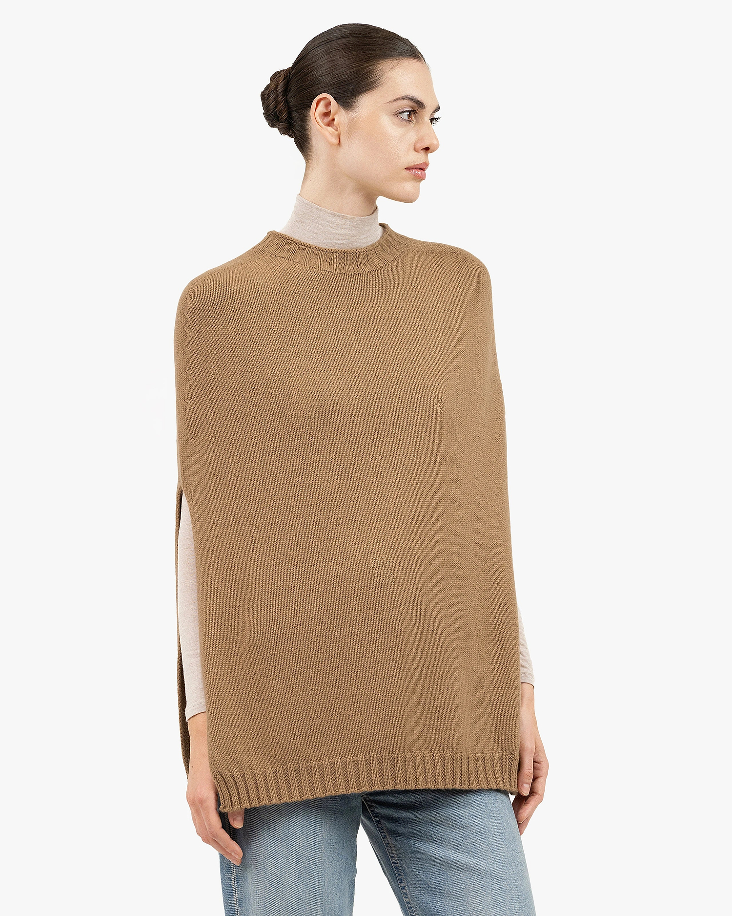 Crew Neck Cape - Camel Cashmere