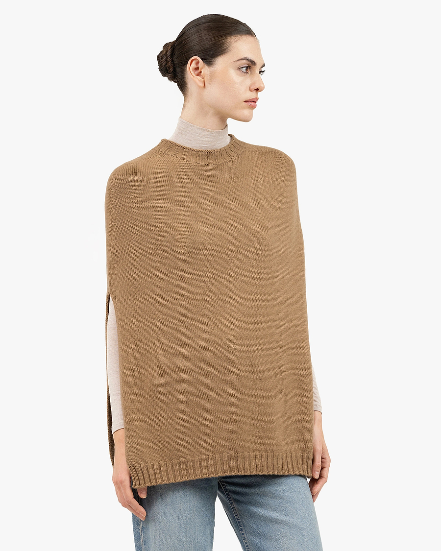 Crew Neck Cape - Camel Cashmere