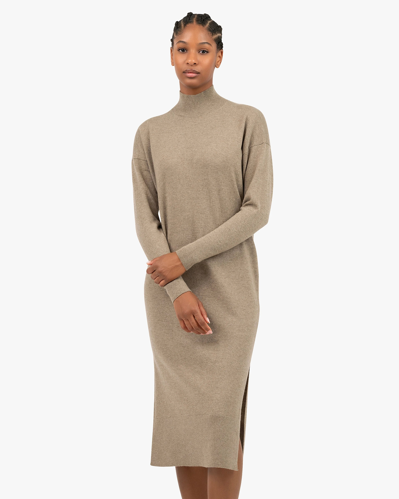 Liv Mock Neck Dress - Taupe - Cashmere