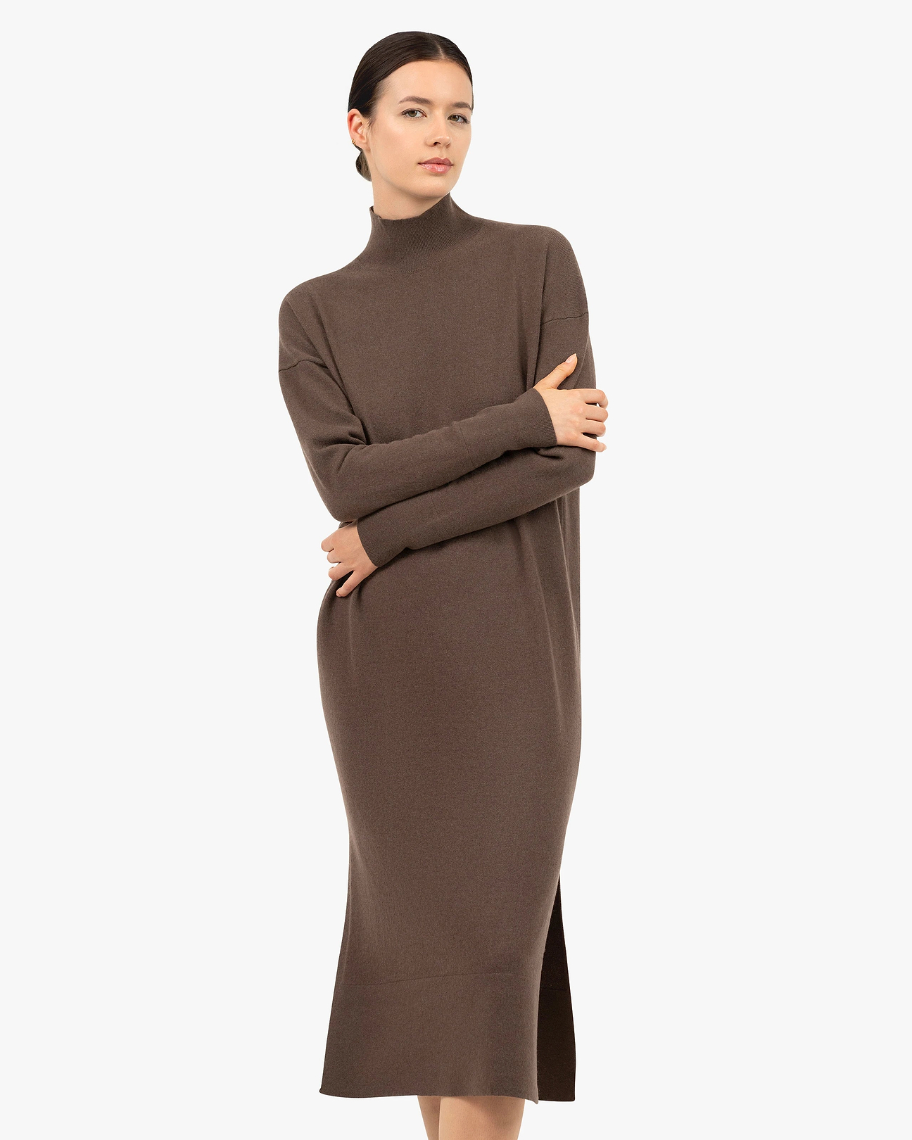 Liv Mock Neck Dress - Brown - Cashmere