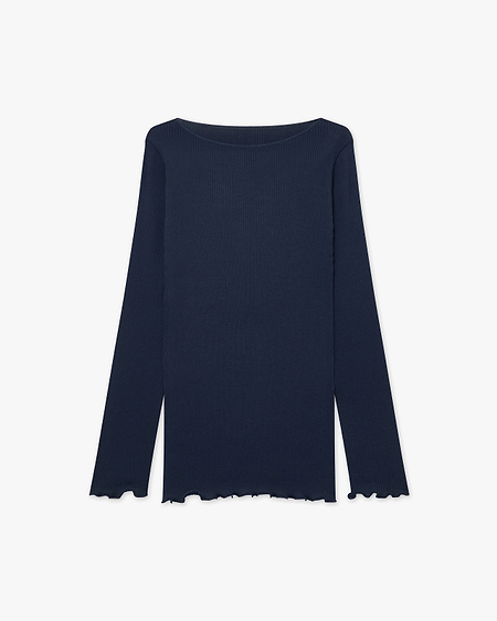 Crew Neck Pleated Top - Blue Cotone / Seta
