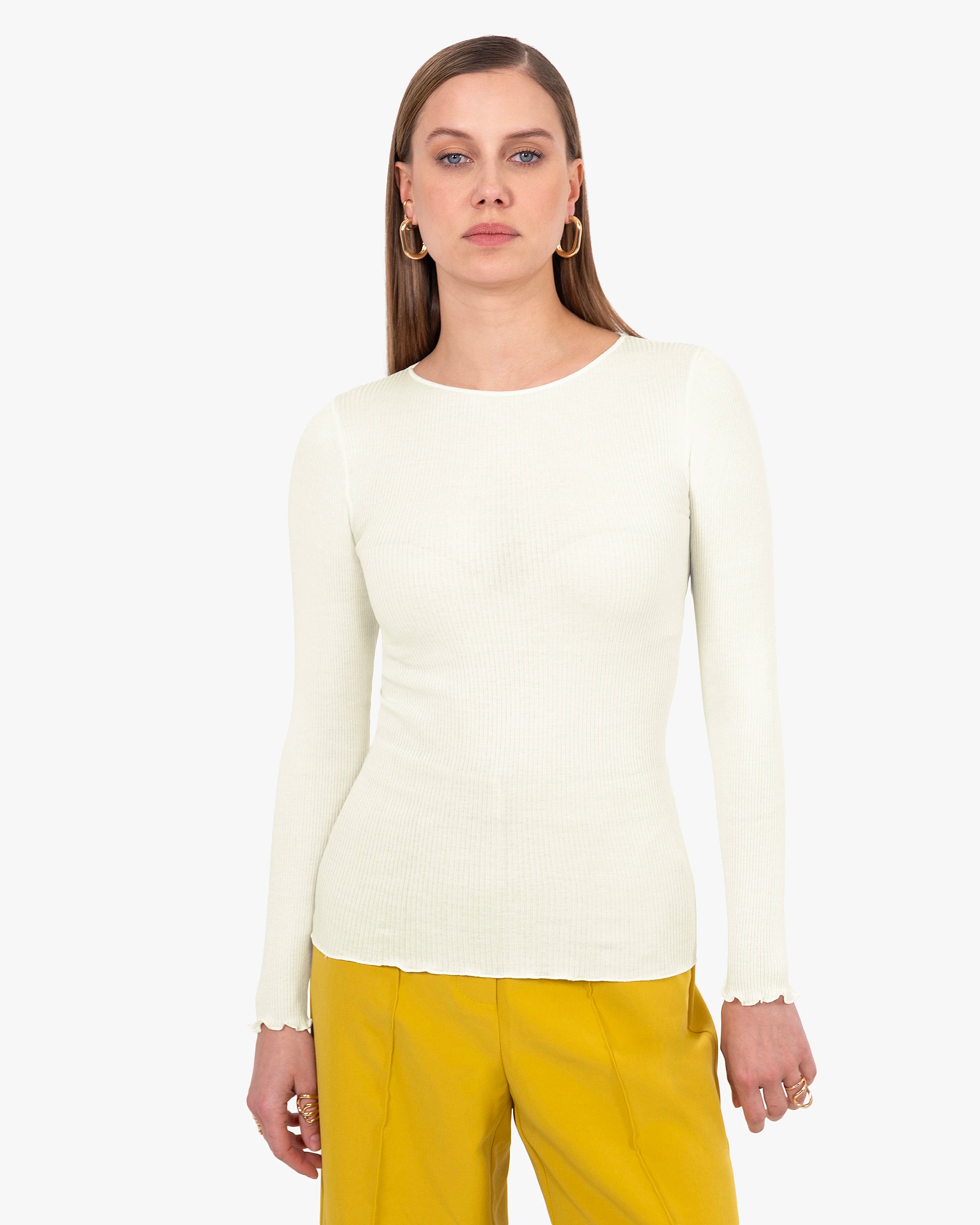 Crew Neck Pleated Top - White Cotone / Seta