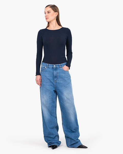 Crew Neck Pleated Top - Blue Cotone / Seta