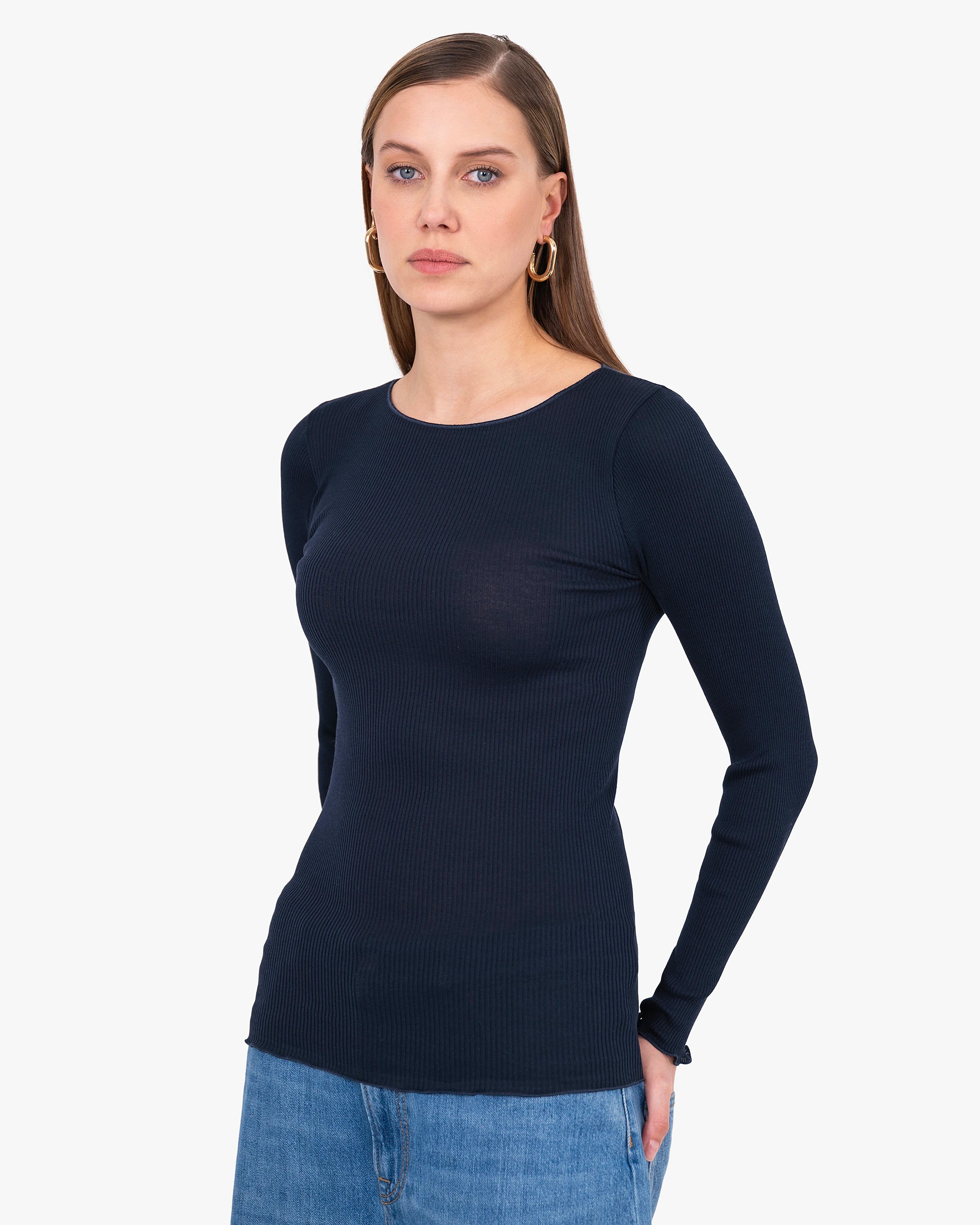Crew Neck Pleated Top - Blue Cotone / Seta