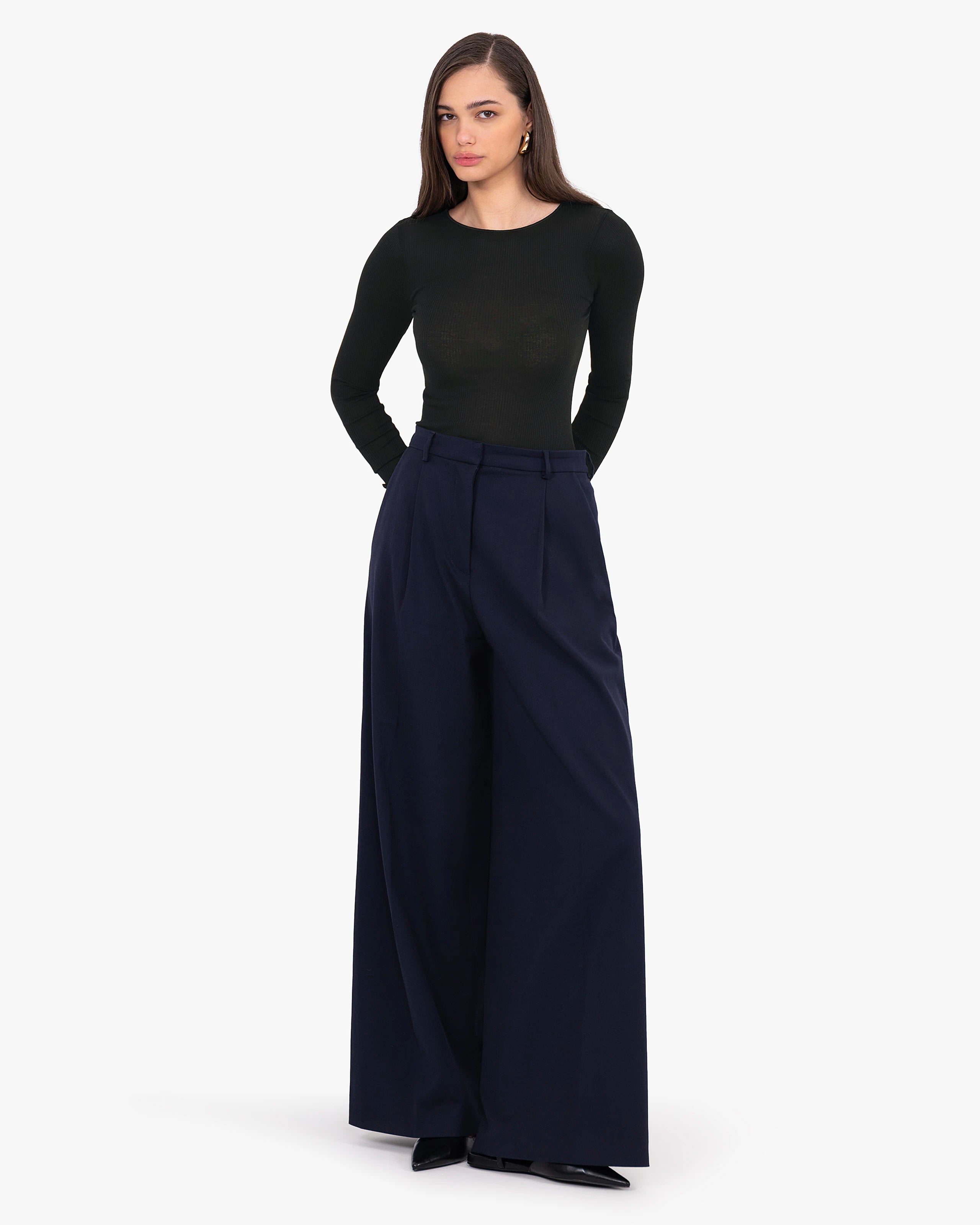 Crew Neck Pleated Top - Black Cotone / Seta