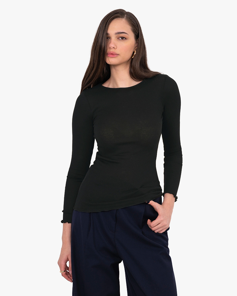 Crew Neck Pleated Top - Black Cotone / Seta