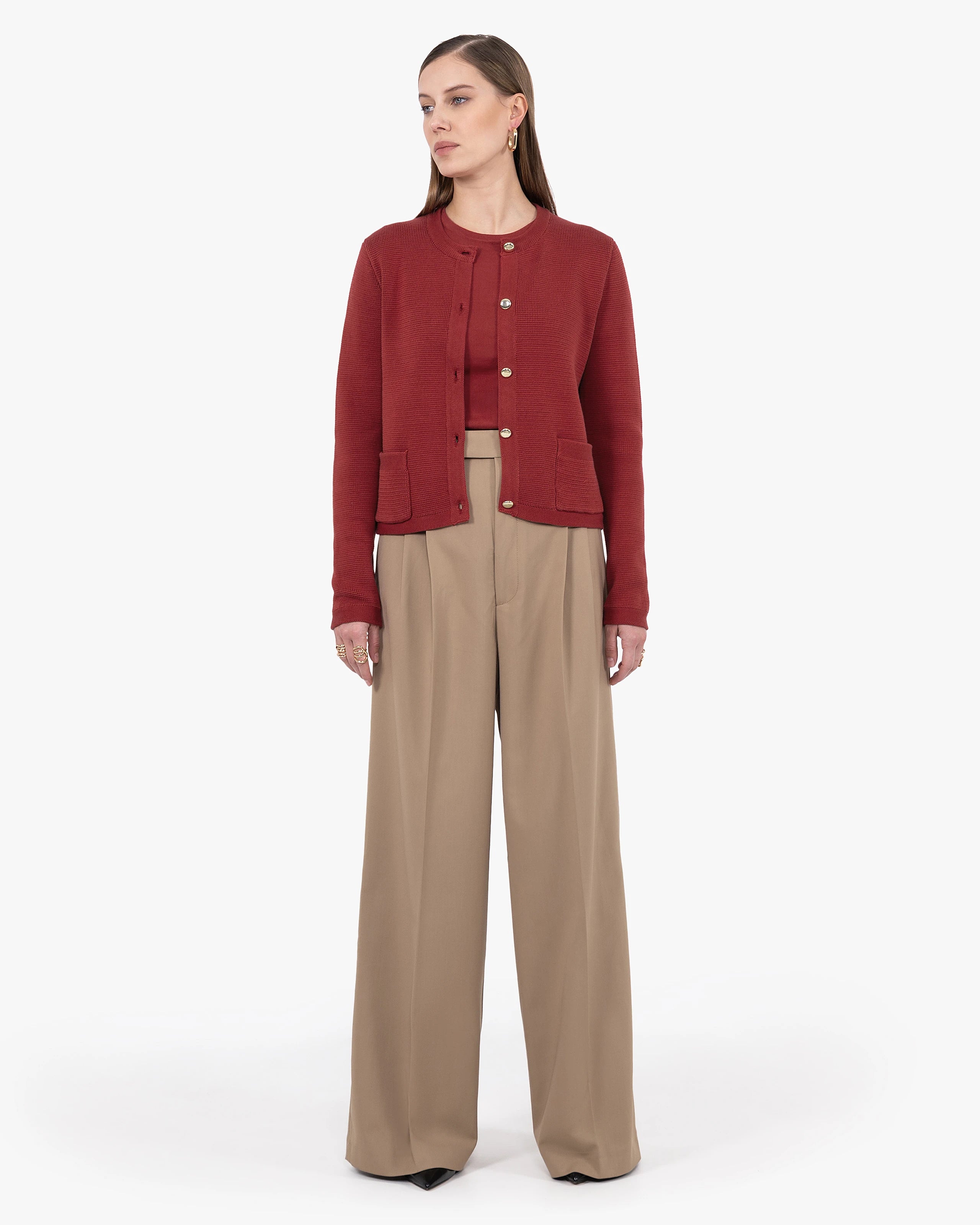 Oasi Crew Neck Cardigan - Red Cotone