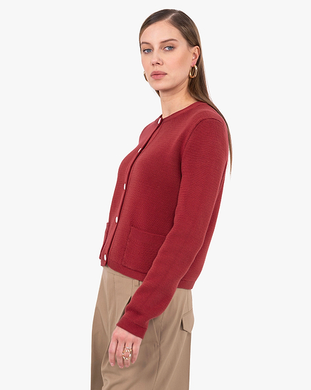 Oasi Crew Neck Cardigan - Red Cotone