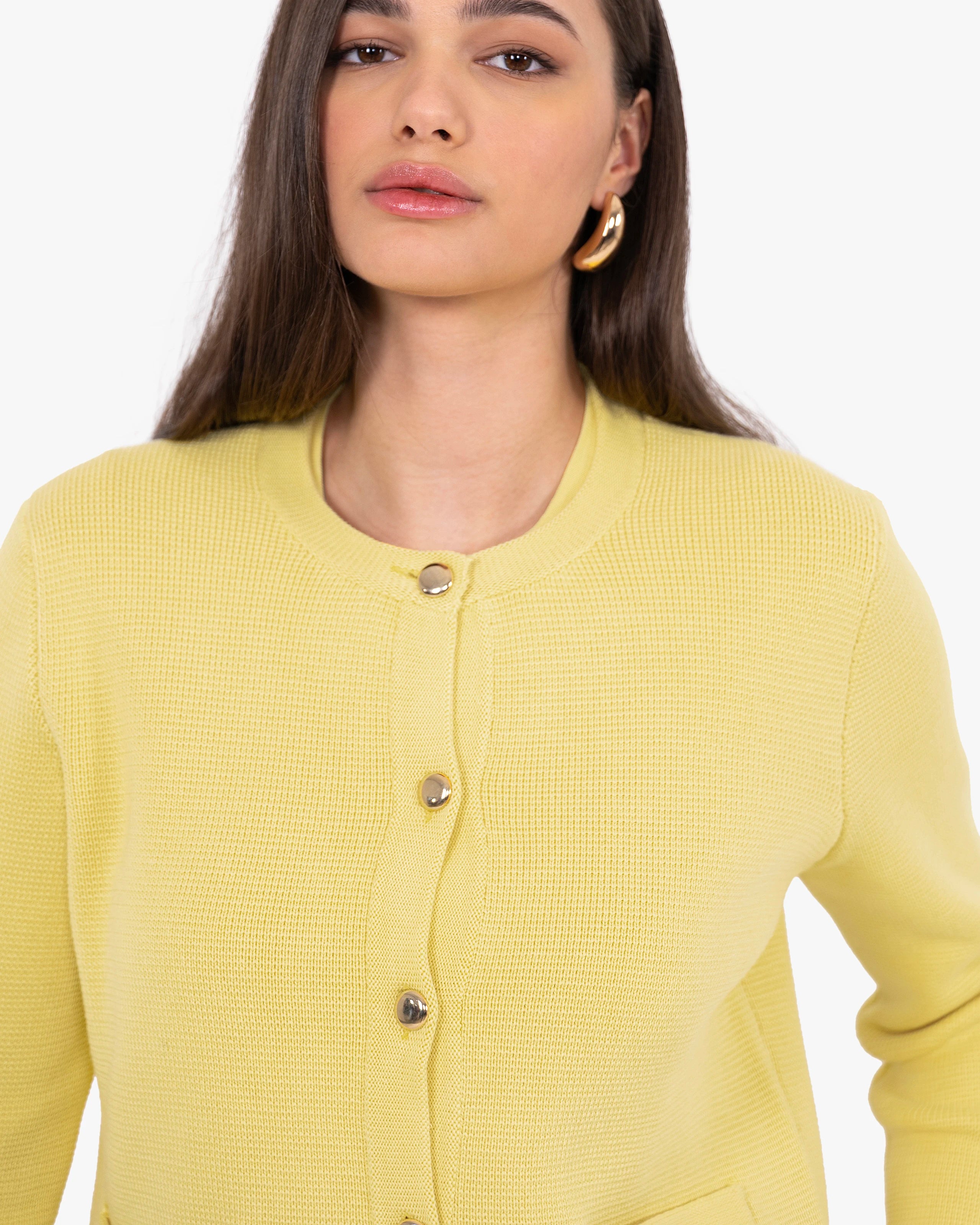 Women's Oasi Crew Neck Cotton Cardigan - Yellow | MaisonCashmere