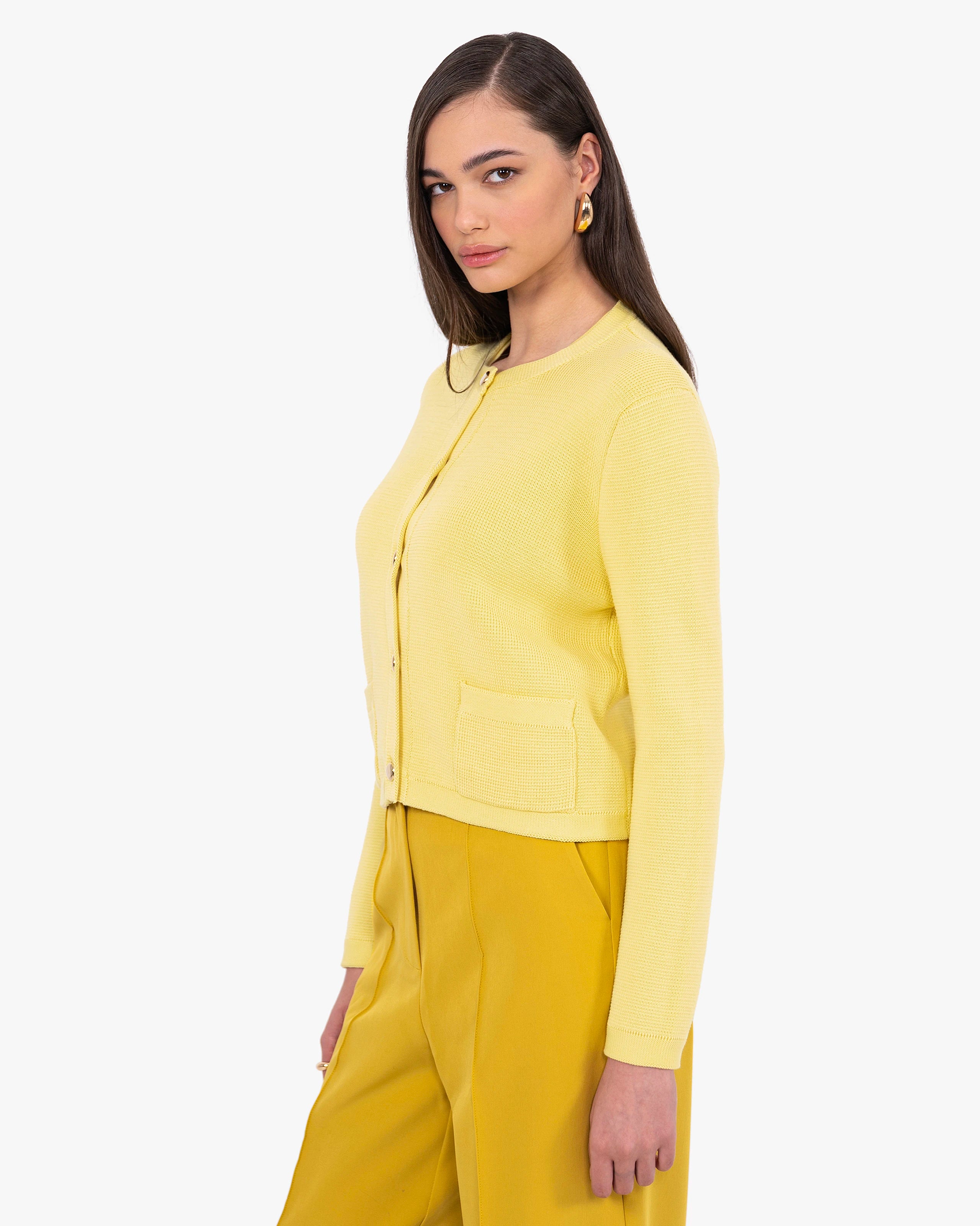 Women's Oasi Crew Neck Cotton Cardigan - Yellow | MaisonCashmere