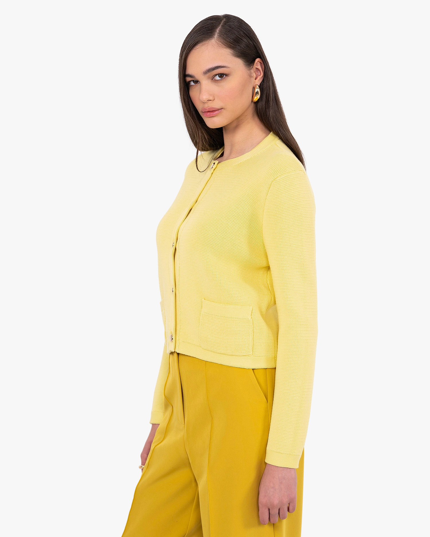 Oasi Crew Neck Cardigan - Yellow Cotone