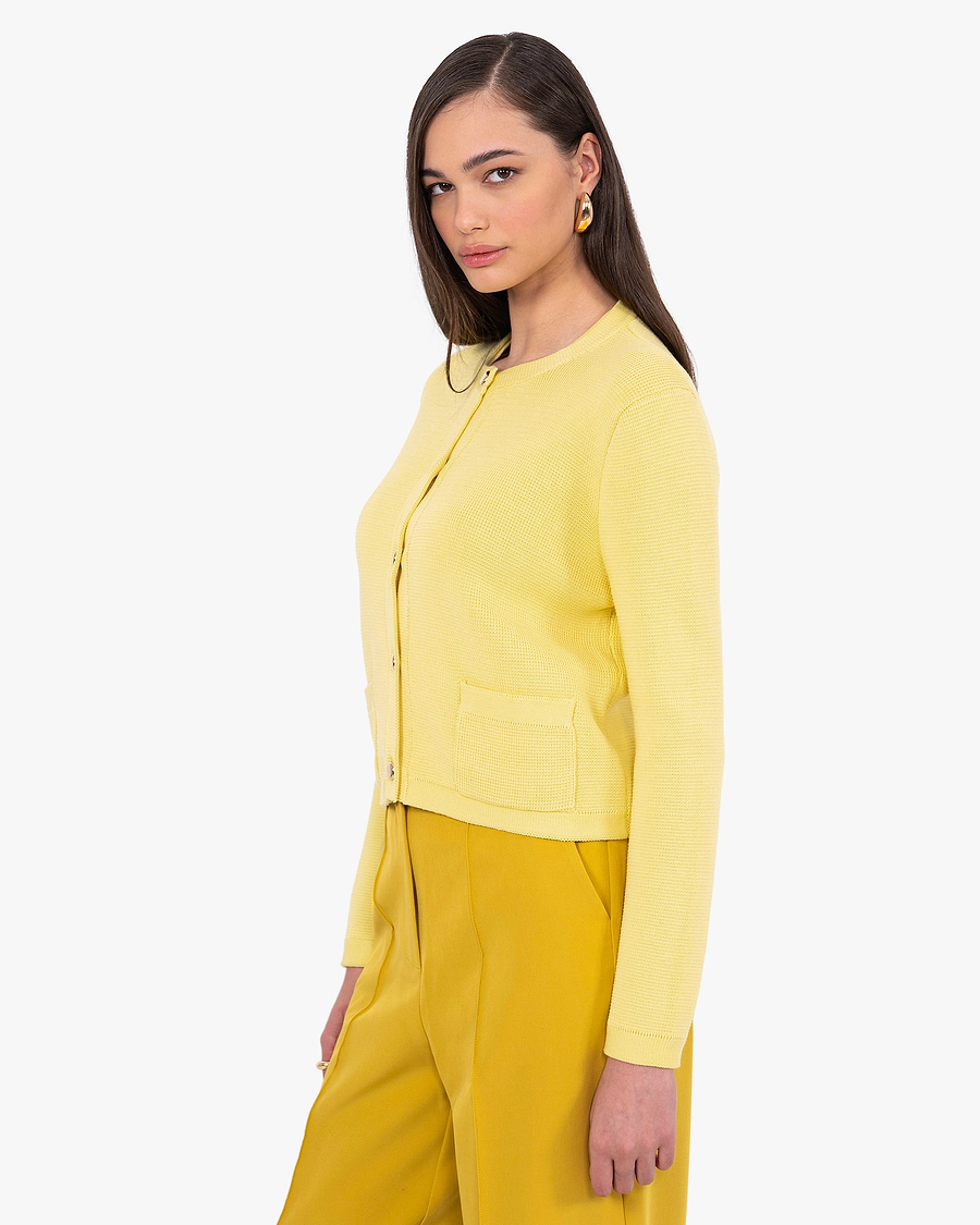 Oasi Crew Neck Cardigan - Yellow Cotone