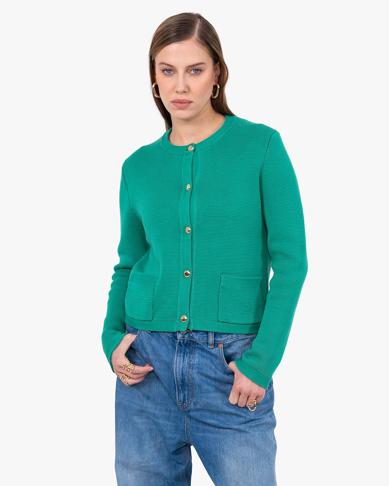 Women's Oasi Crew Neck Cotton Cardigan - Green | MaisonCashmere
