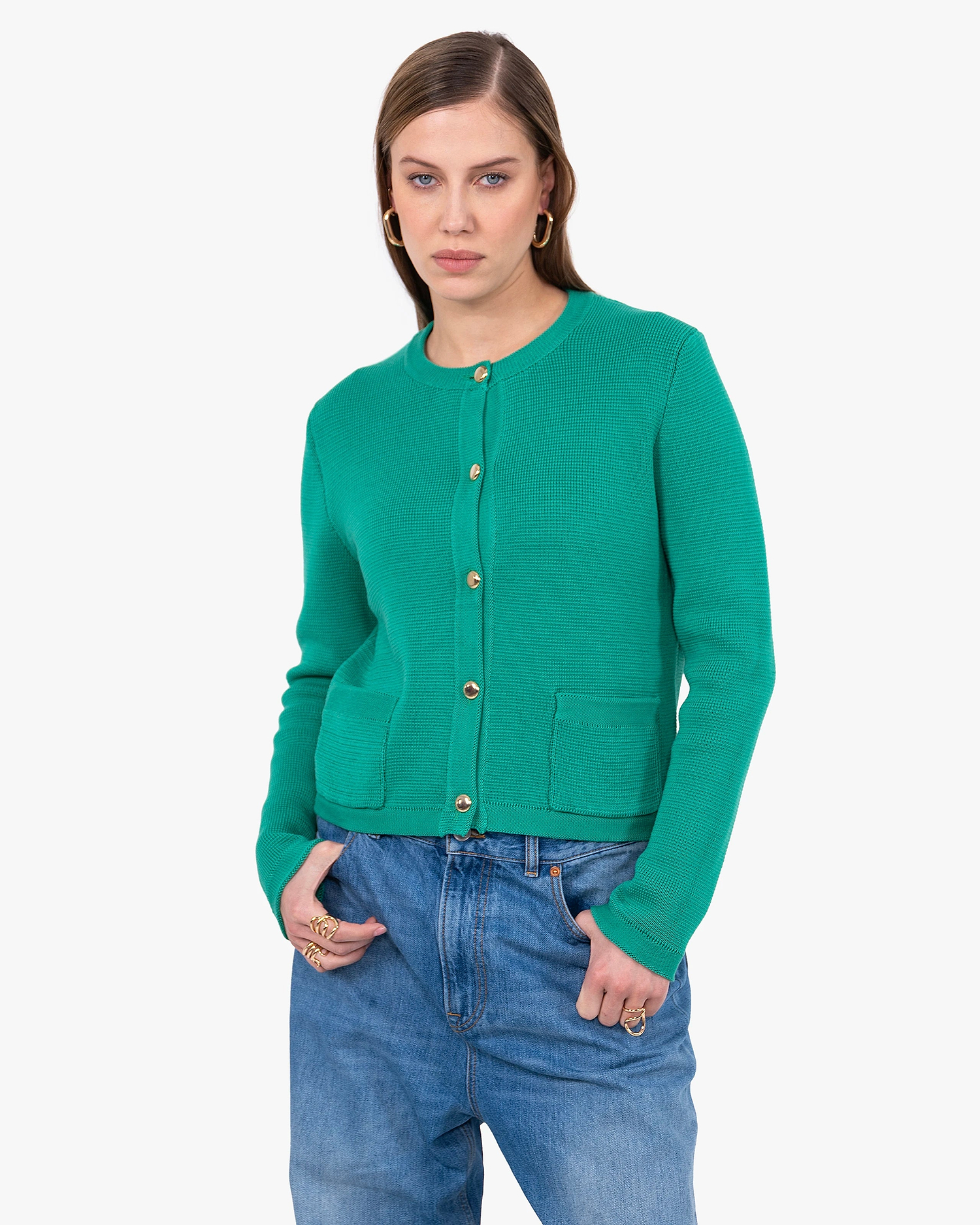 Oasi Crew Neck Cardigan - Green Cotone