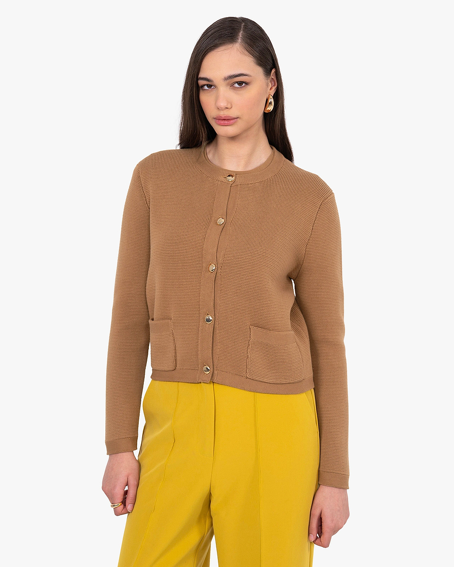 Oasi Crew Neck Cardigan - Hazelnut Cotone