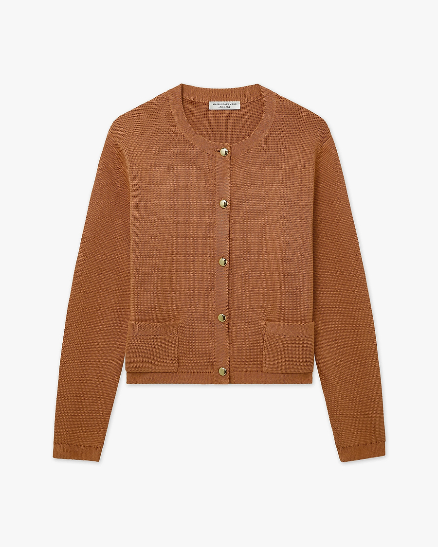 Oasi Crew Neck Cardigan - Hazelnut Cotone