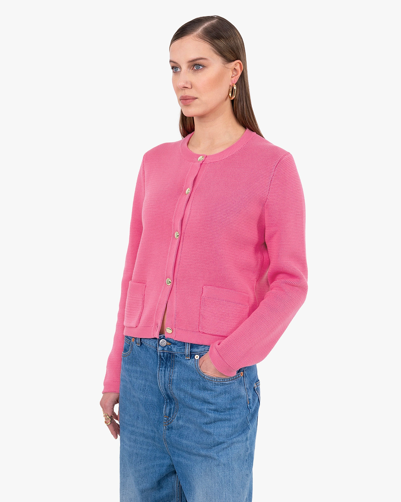 Women's Oasi Crew Neck Cotton Cardigan - Fuchsia | MaisonCashmere