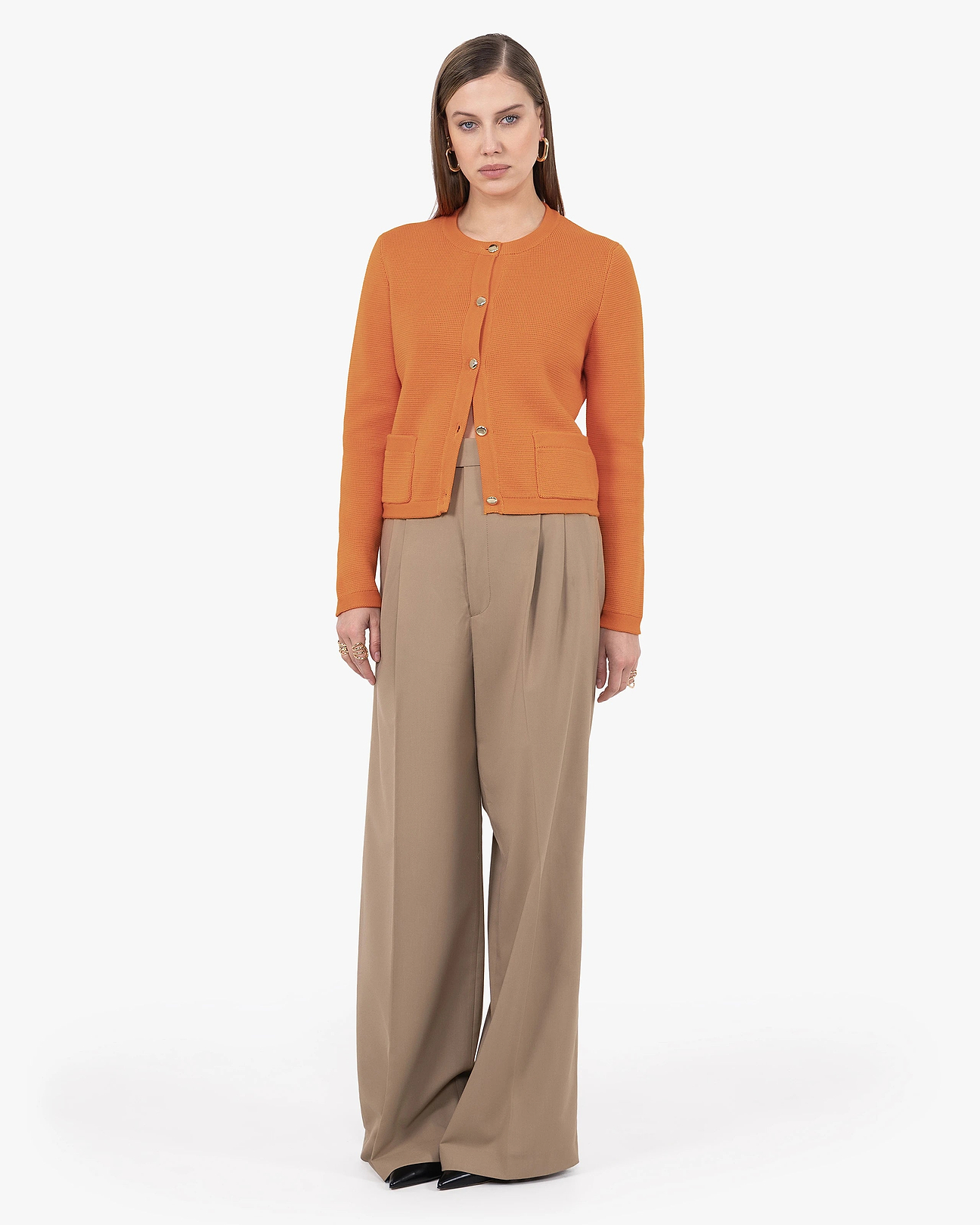 Women's Oasi Crew Neck Cotton Cardigan - Orange | MaisonCashmere