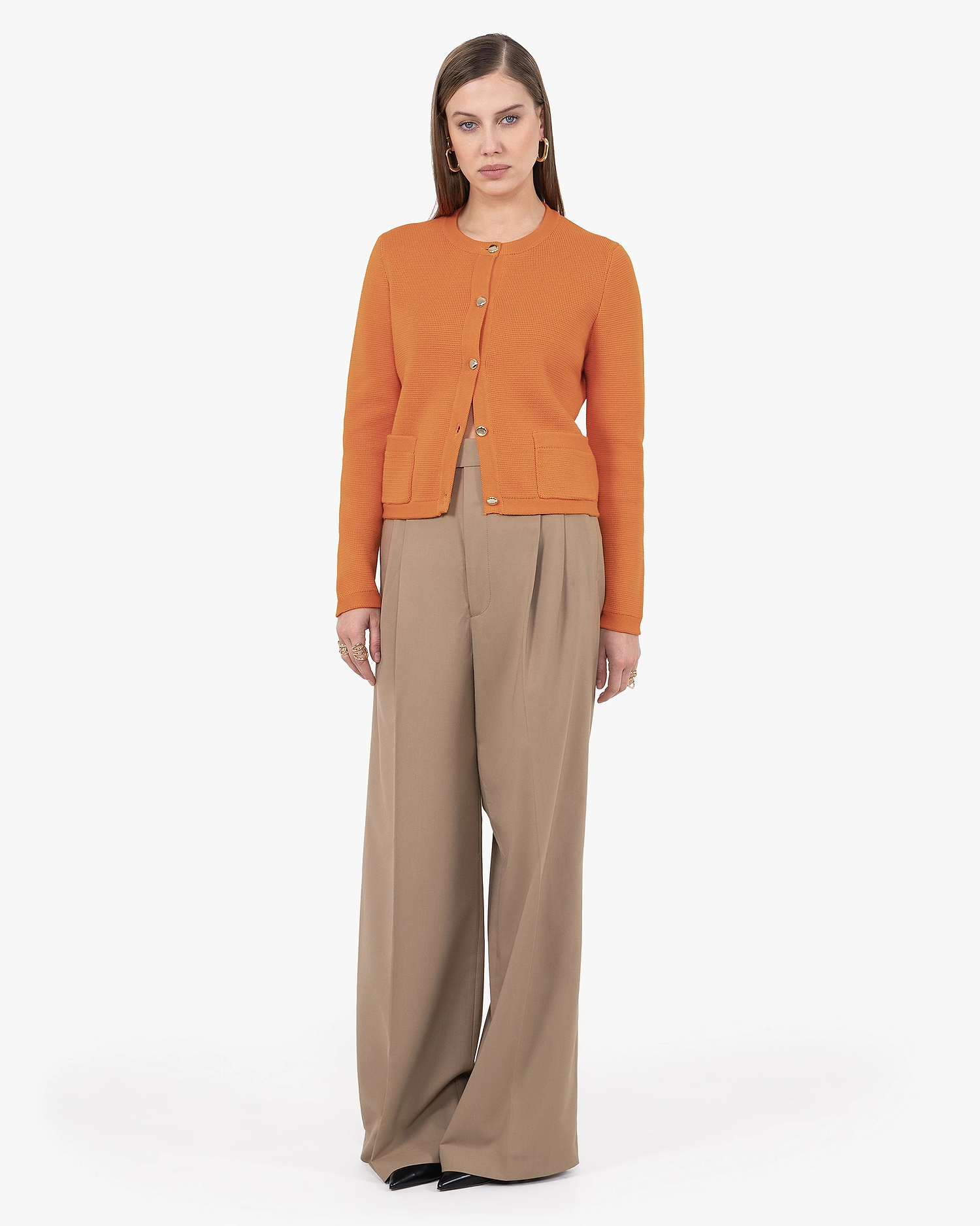 Oasi Crew Neck Cardigan - Orange Cotone