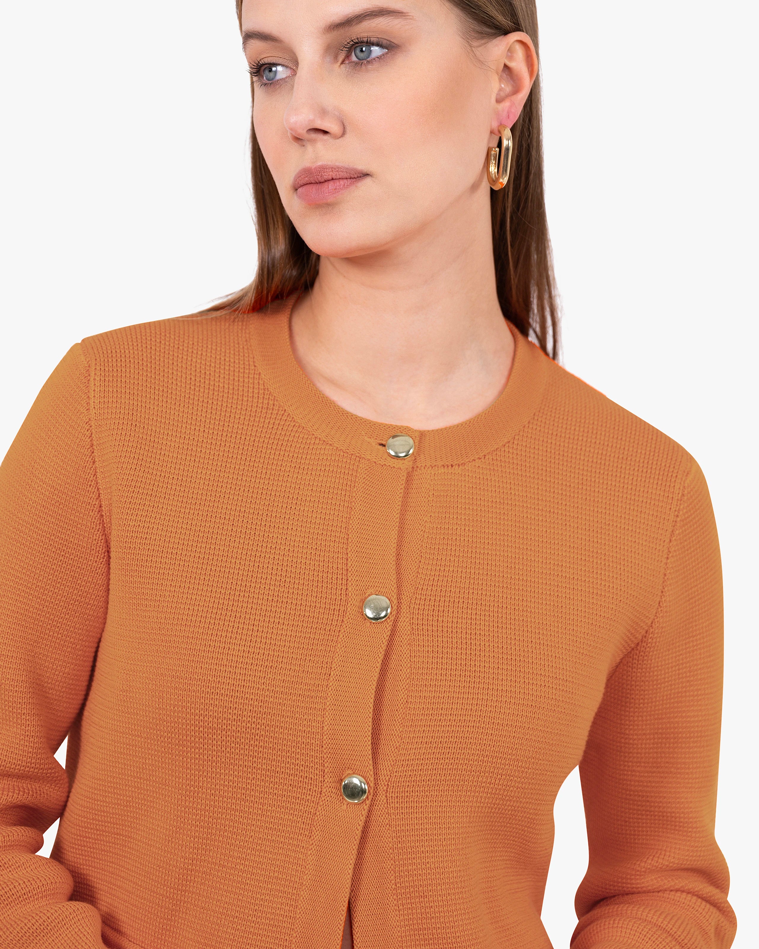 Oasi Crew Neck Cardigan - Orange Cotone