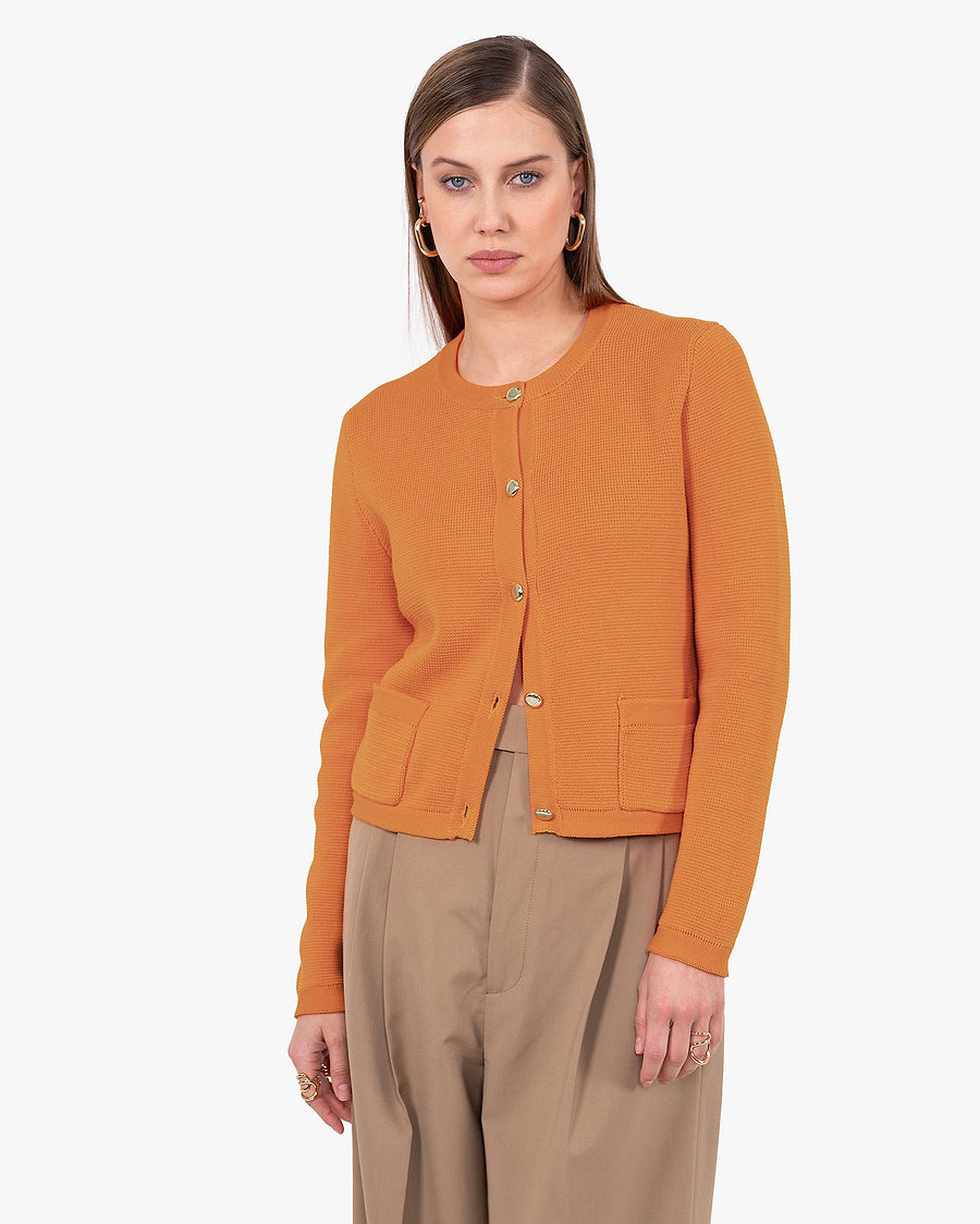 Oasi Crew Neck Cardigan - Orange Cotone