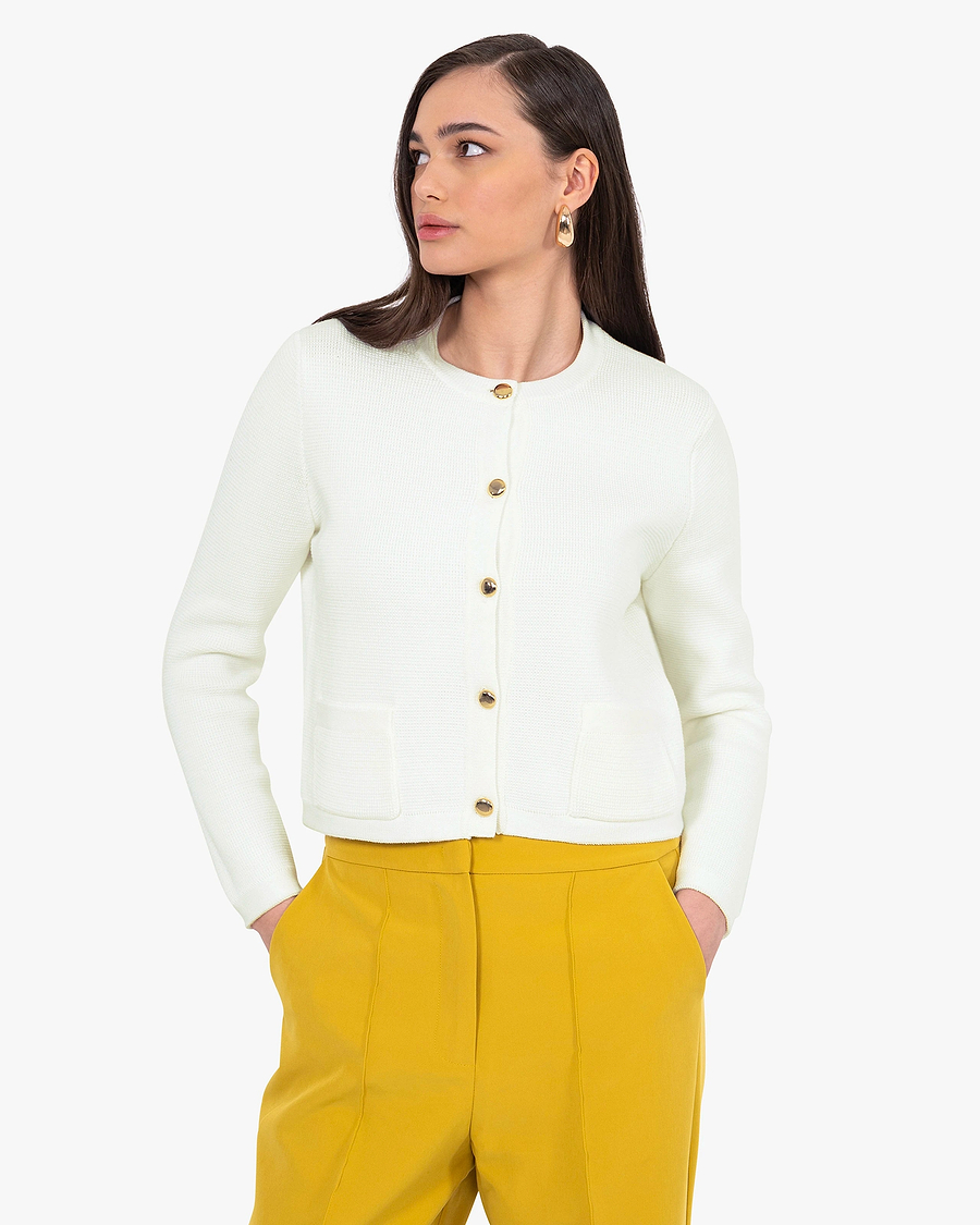 Oasi Crew Neck Cardigan - White Cotone