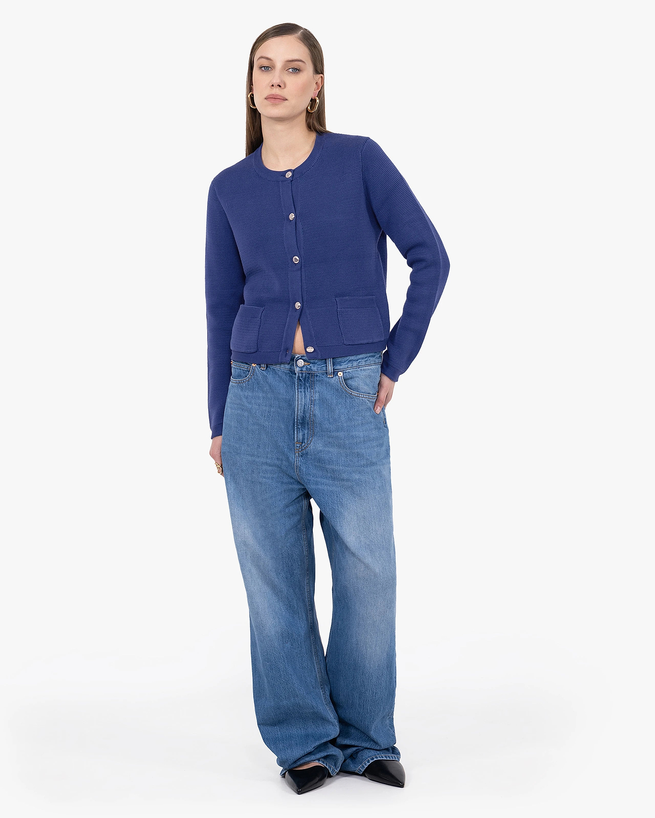 Women's Oasi Crew Neck Cotton Cardigan - Blue | MaisonCashmere