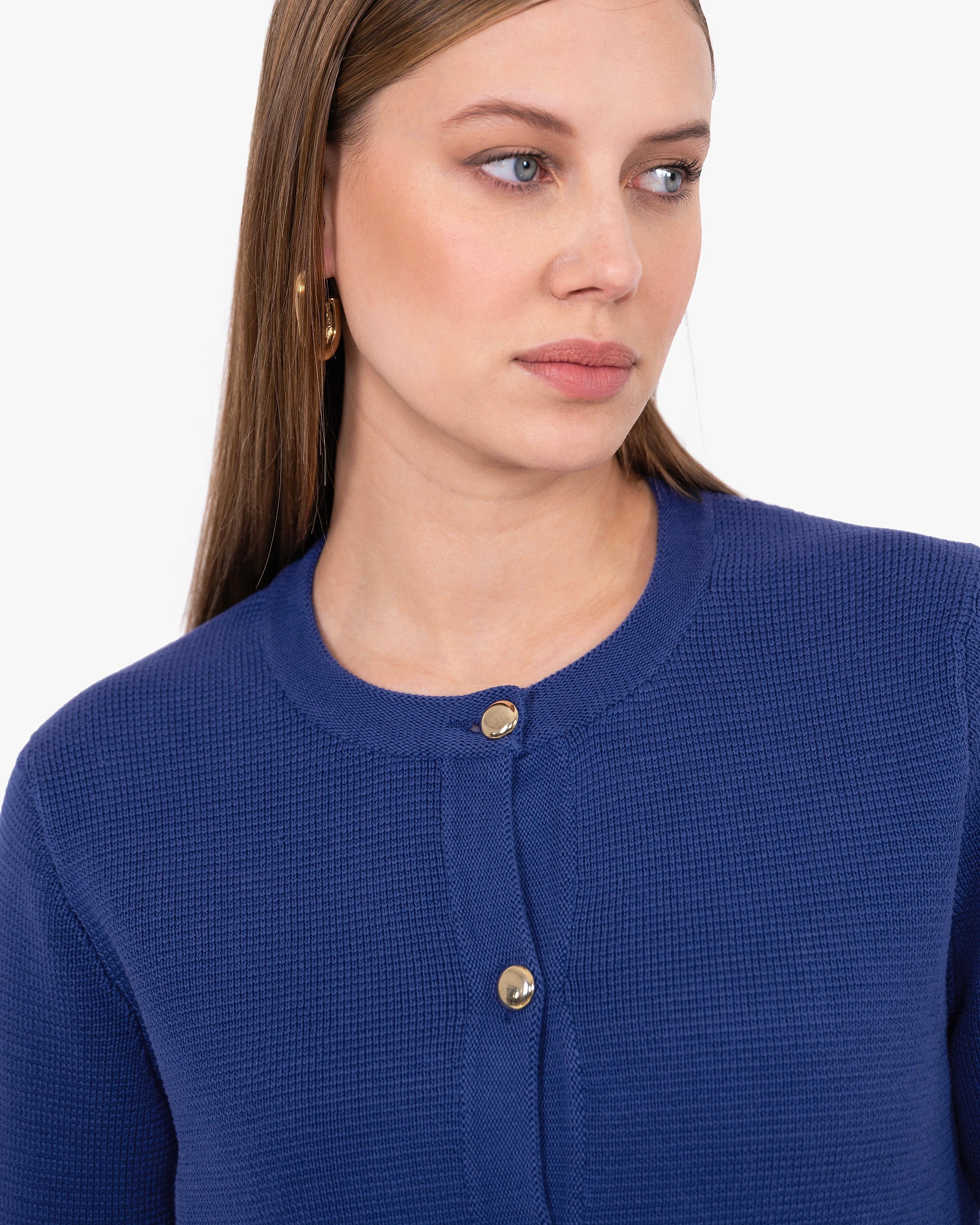 Oasi Crew Neck Cardigan - Blue Cotone