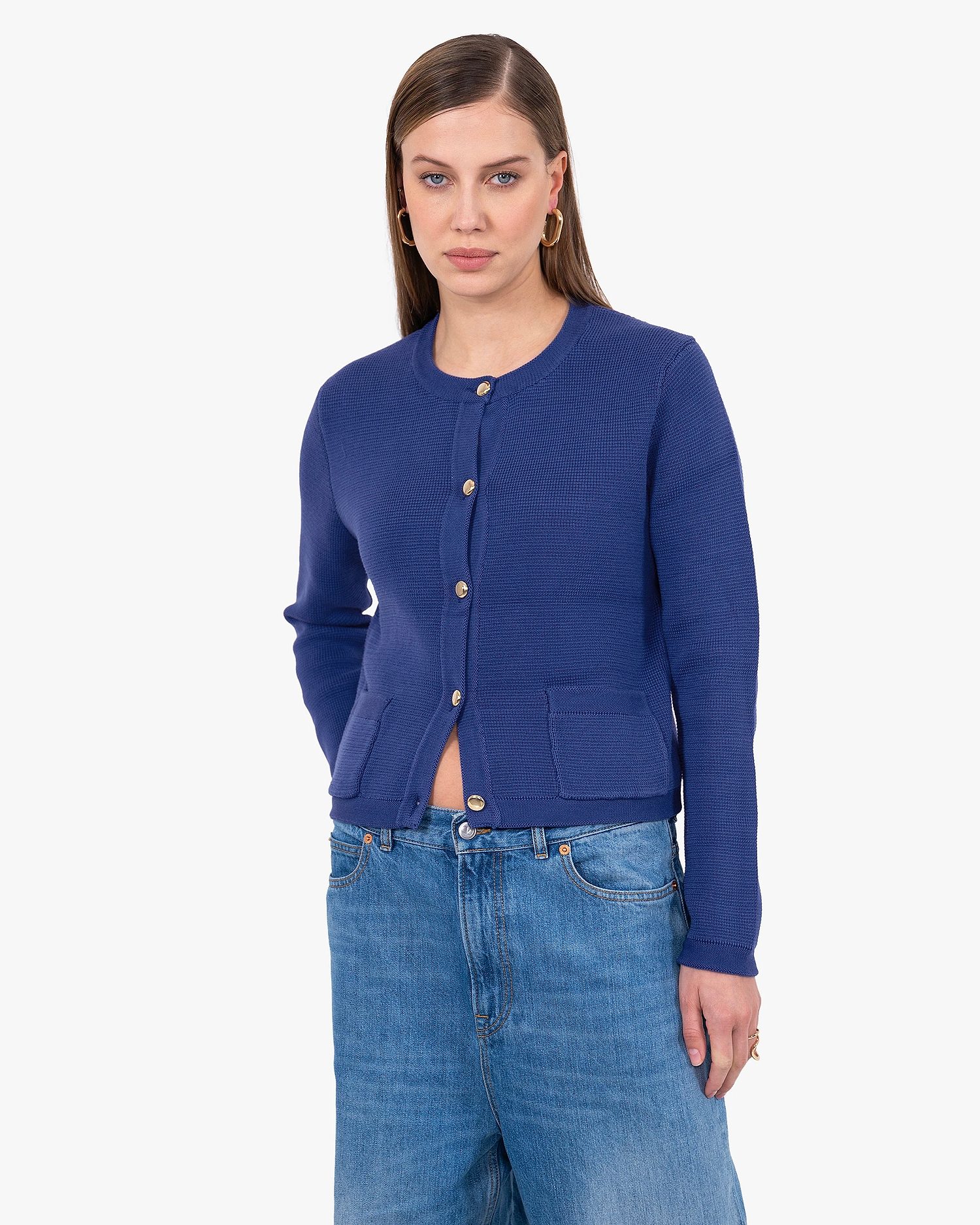 Oasi Crew Neck Cardigan - Blue Cotone