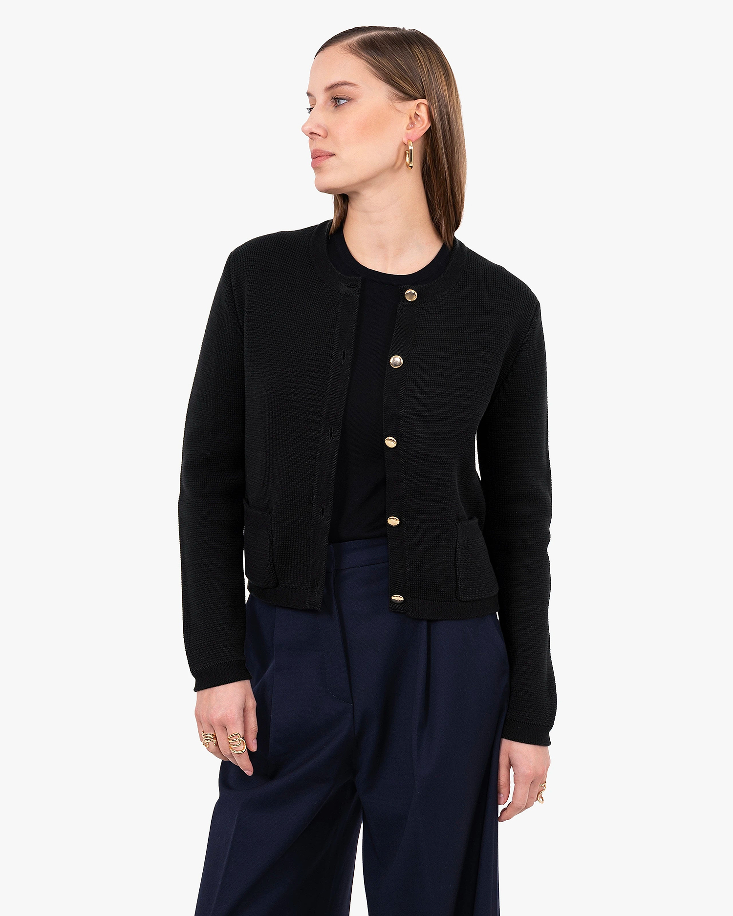 Oasi Crew Neck Cardigan - Black Cotone