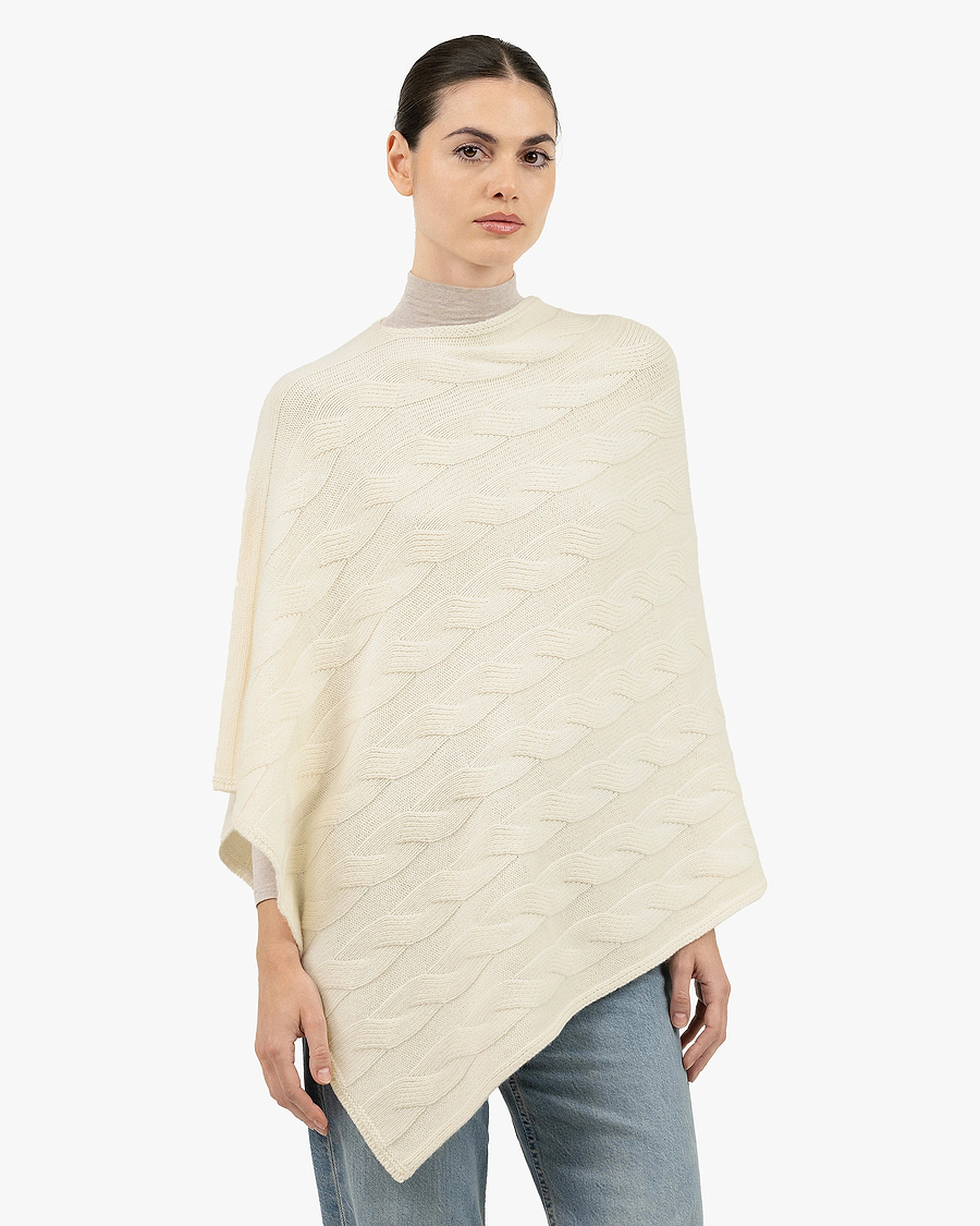 Cable Knit Maxi Poncho - White Cashmere
