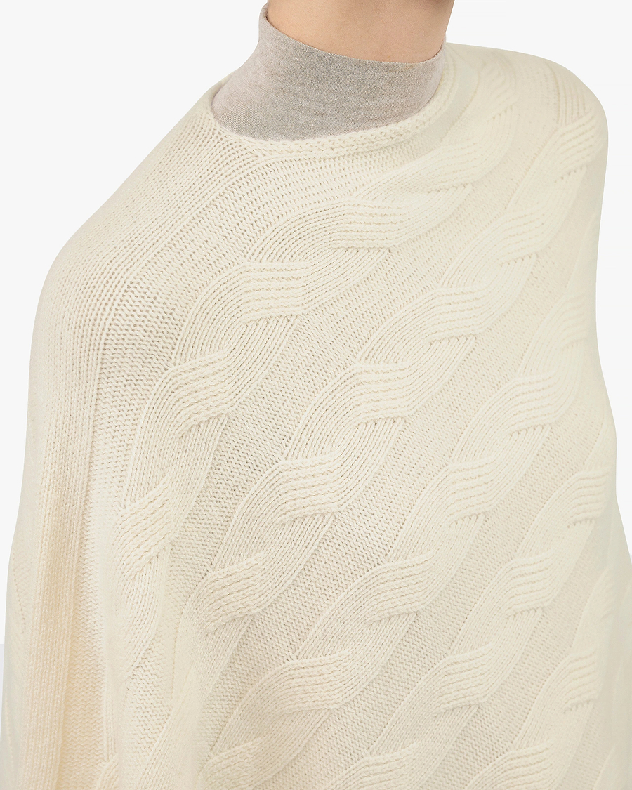 Cable Knit Maxi Poncho - White Cashmere