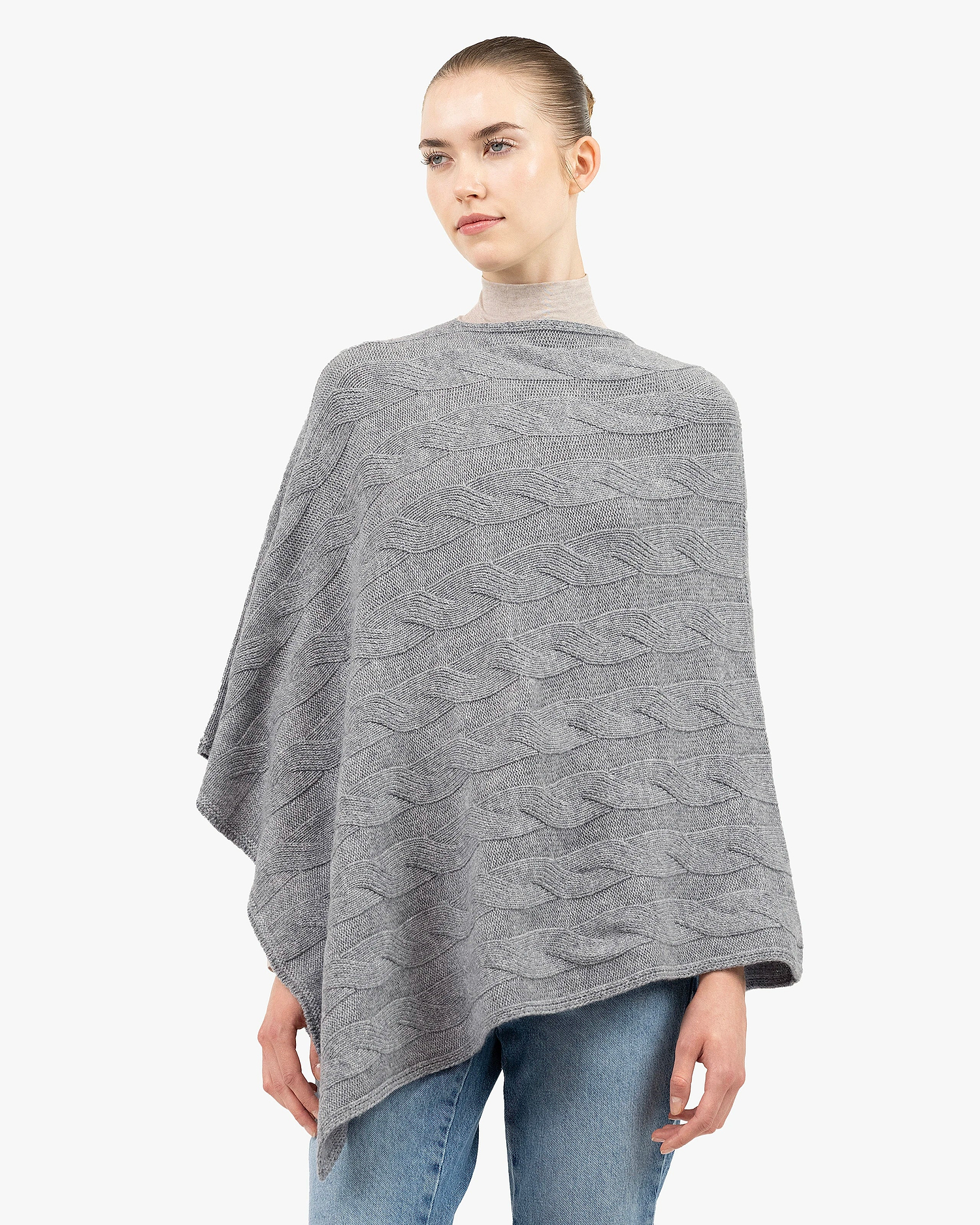 Cable Knit Maxi Poncho - Medium Grey Cashmere