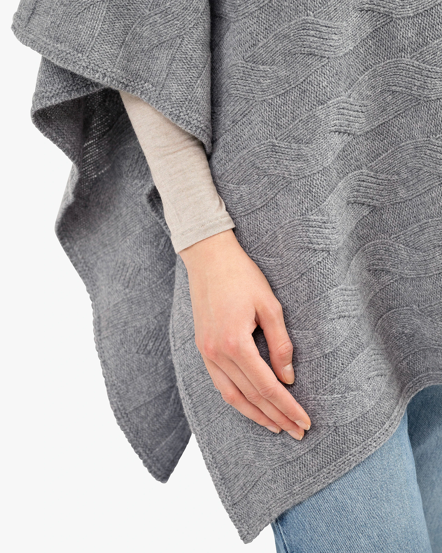 Cable Knit Maxi Poncho - Medium Grey Cashmere