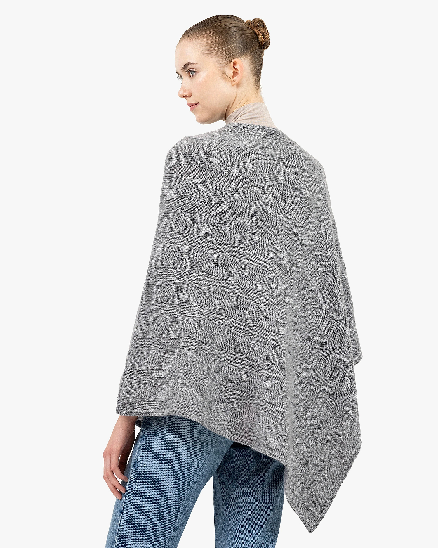 Cable Knit Maxi Poncho - Medium Grey Cashmere