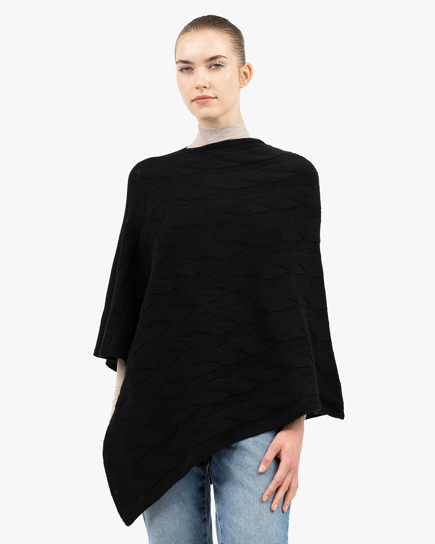 Cable Knit Maxi Poncho - Black Cashmere