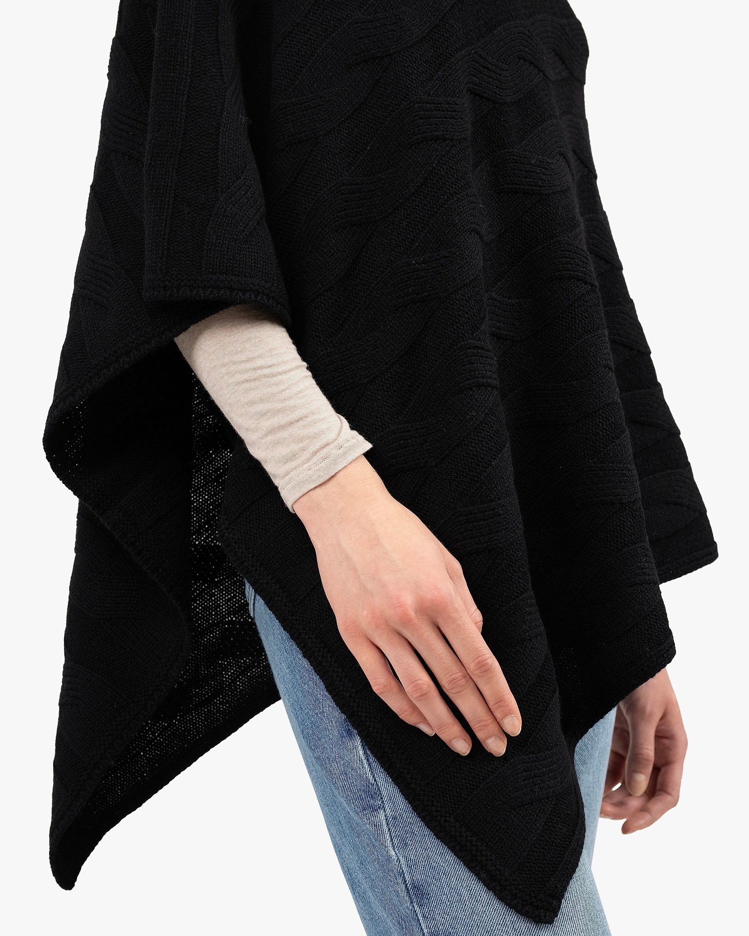 Cable Knit Maxi Poncho - Black Cashmere