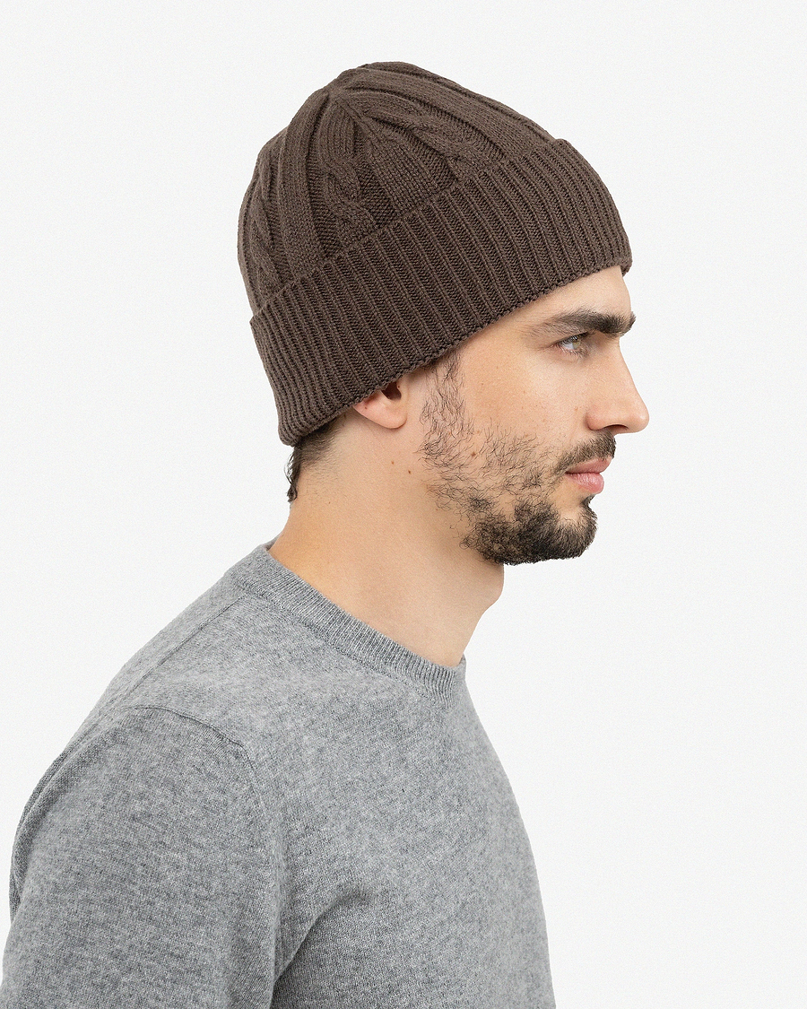 Men's Cable Knit Hat - Brown Cashmere