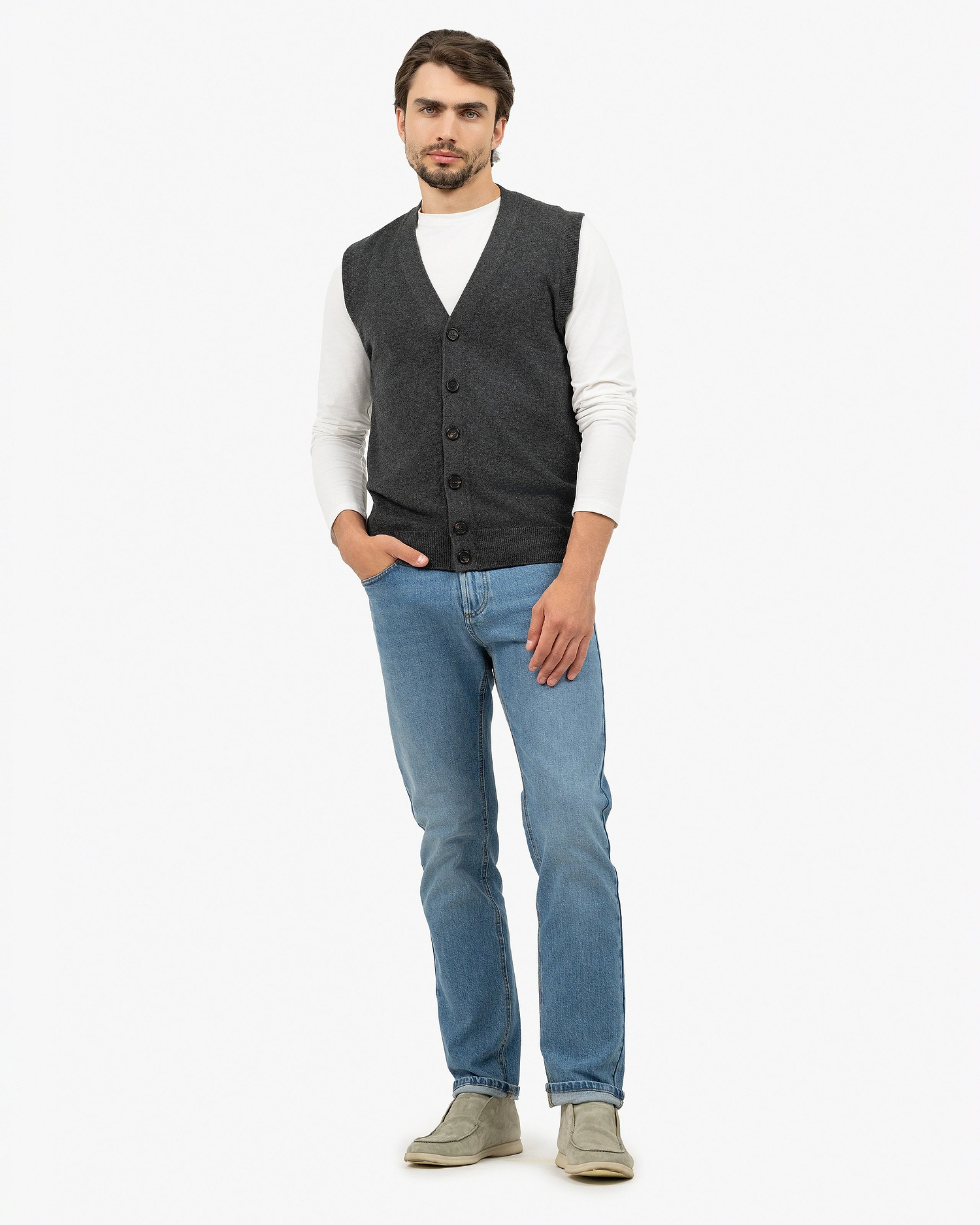 Men's Classic Cardigan Vest - Charcoal Cashmere