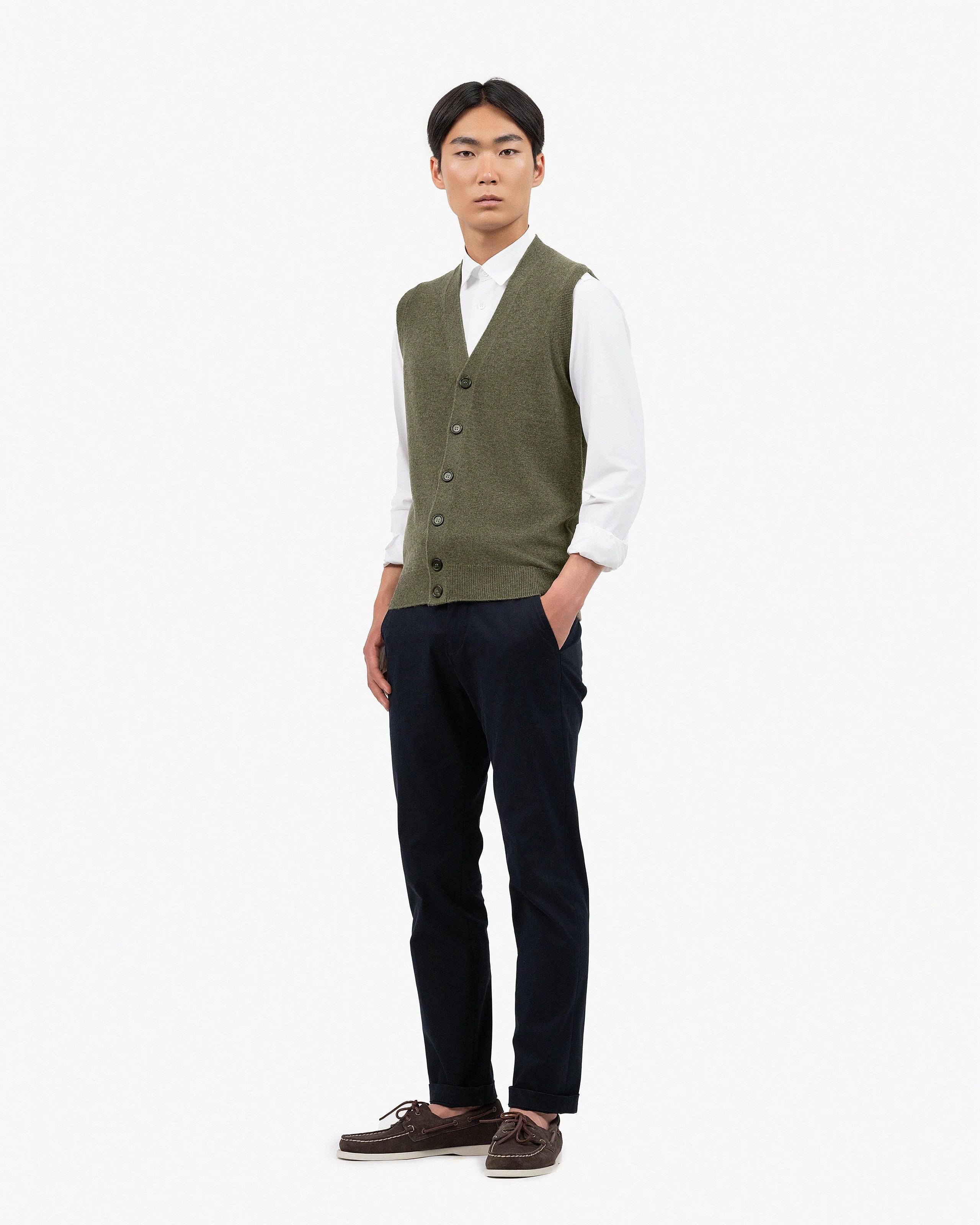 Men's Classic Cardigan Vest - Green Cashmere