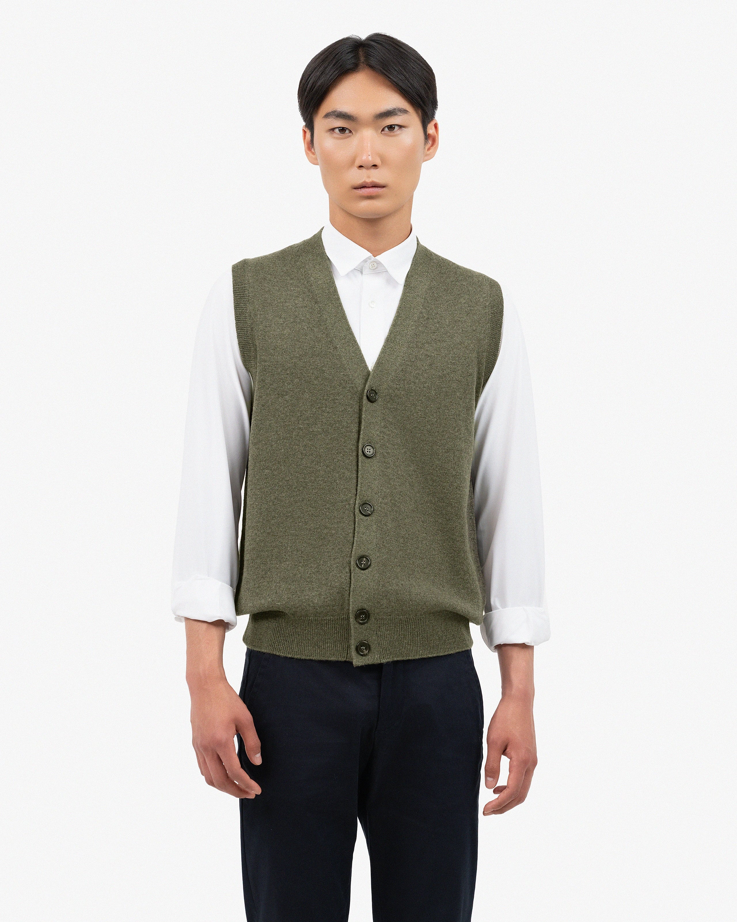 Men's Classic Cardigan Vest - Green Cashmere