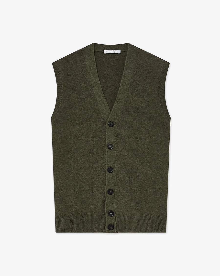 Men's Classic Cardigan Vest - Green Cashmere