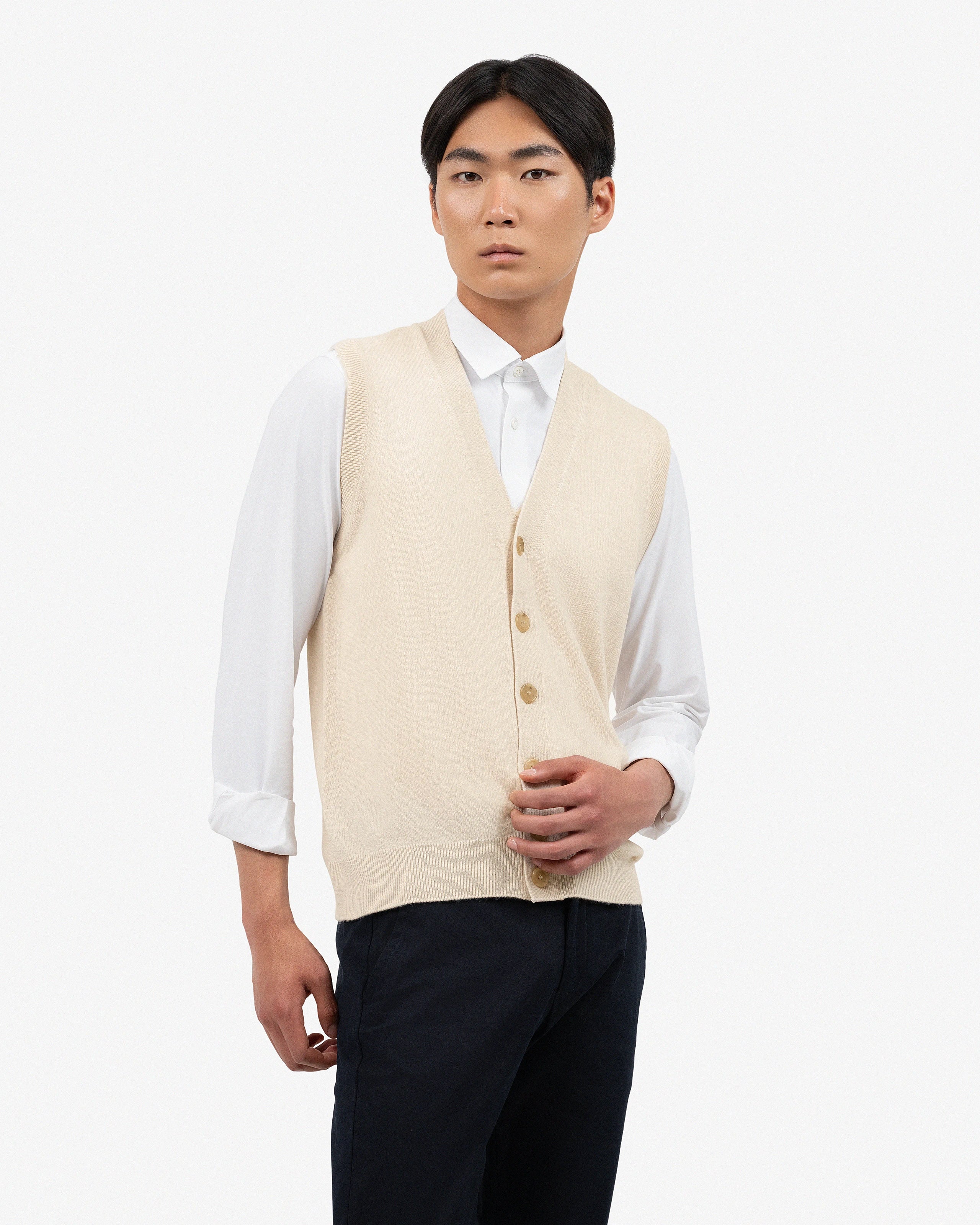 Men's Classic Cardigan Vest - Light Beige Cashmere