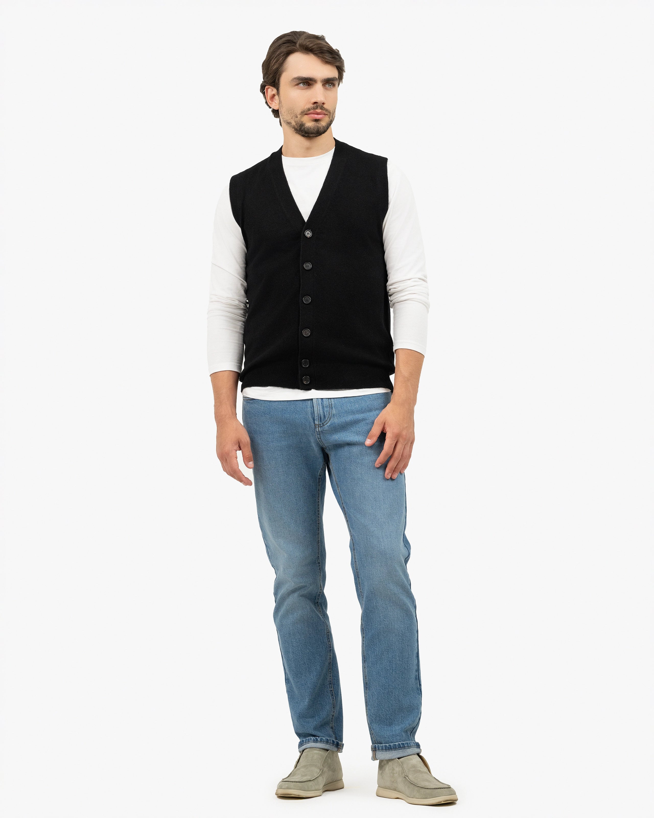 Men's Classic Cardigan Vest - Black Cashmere