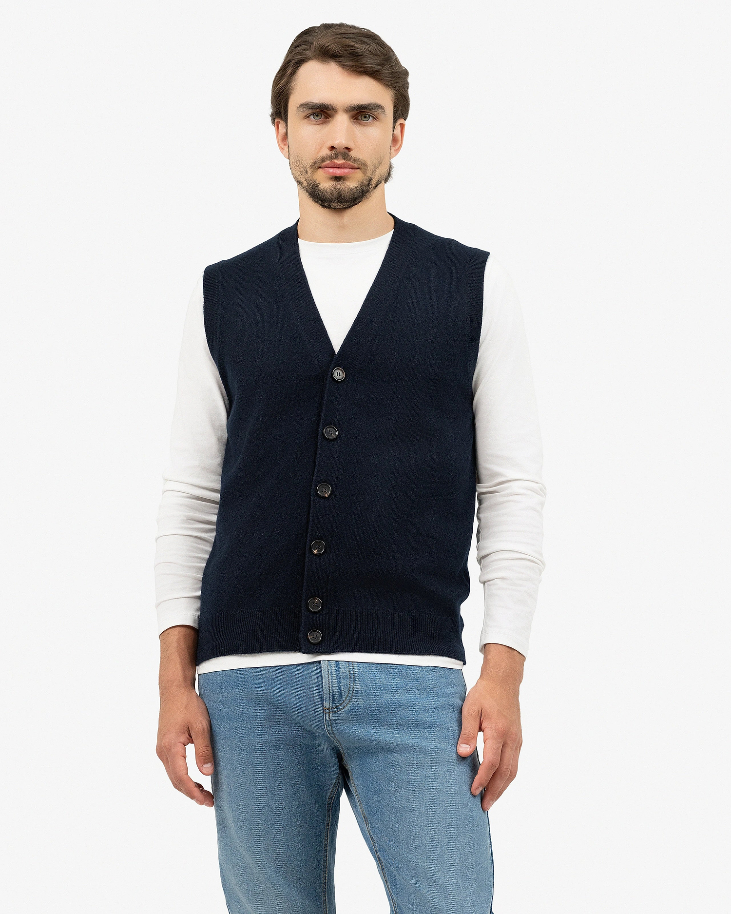 Men's Classic Cardigan Vest - Night Blue Cashmere