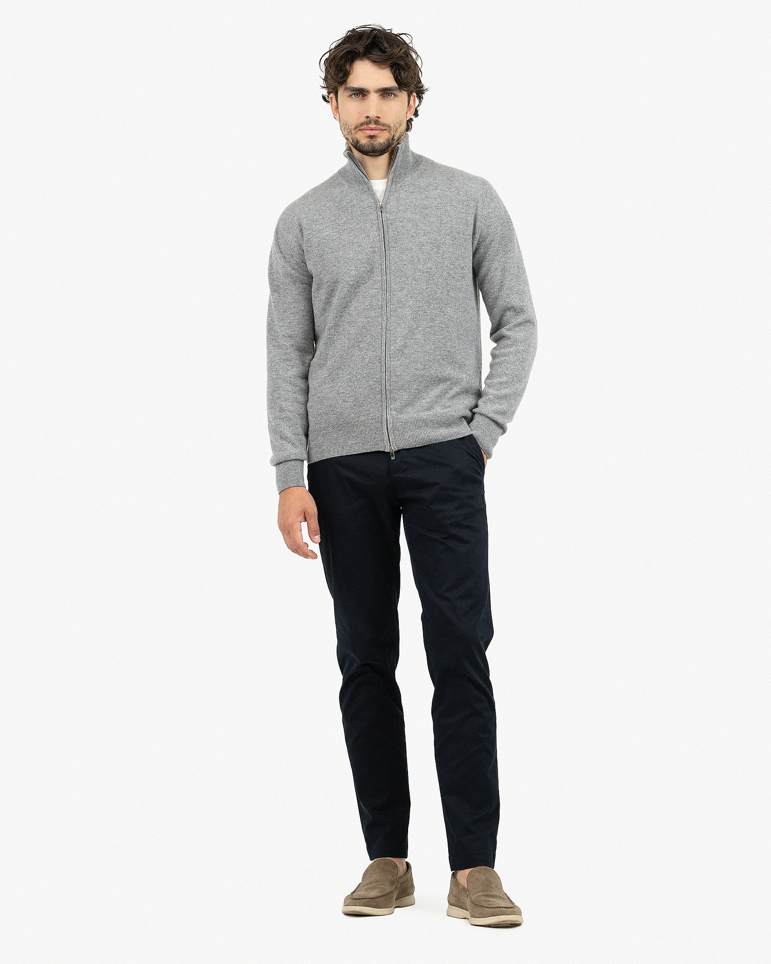 Mens' Classic Zip Cardigan - Medium Grey Cashmere