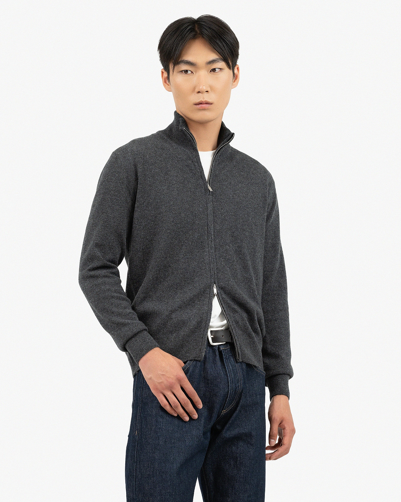 Men's Classic Zip Cashmere Cardigan - Charcoal | MaisonCashmere