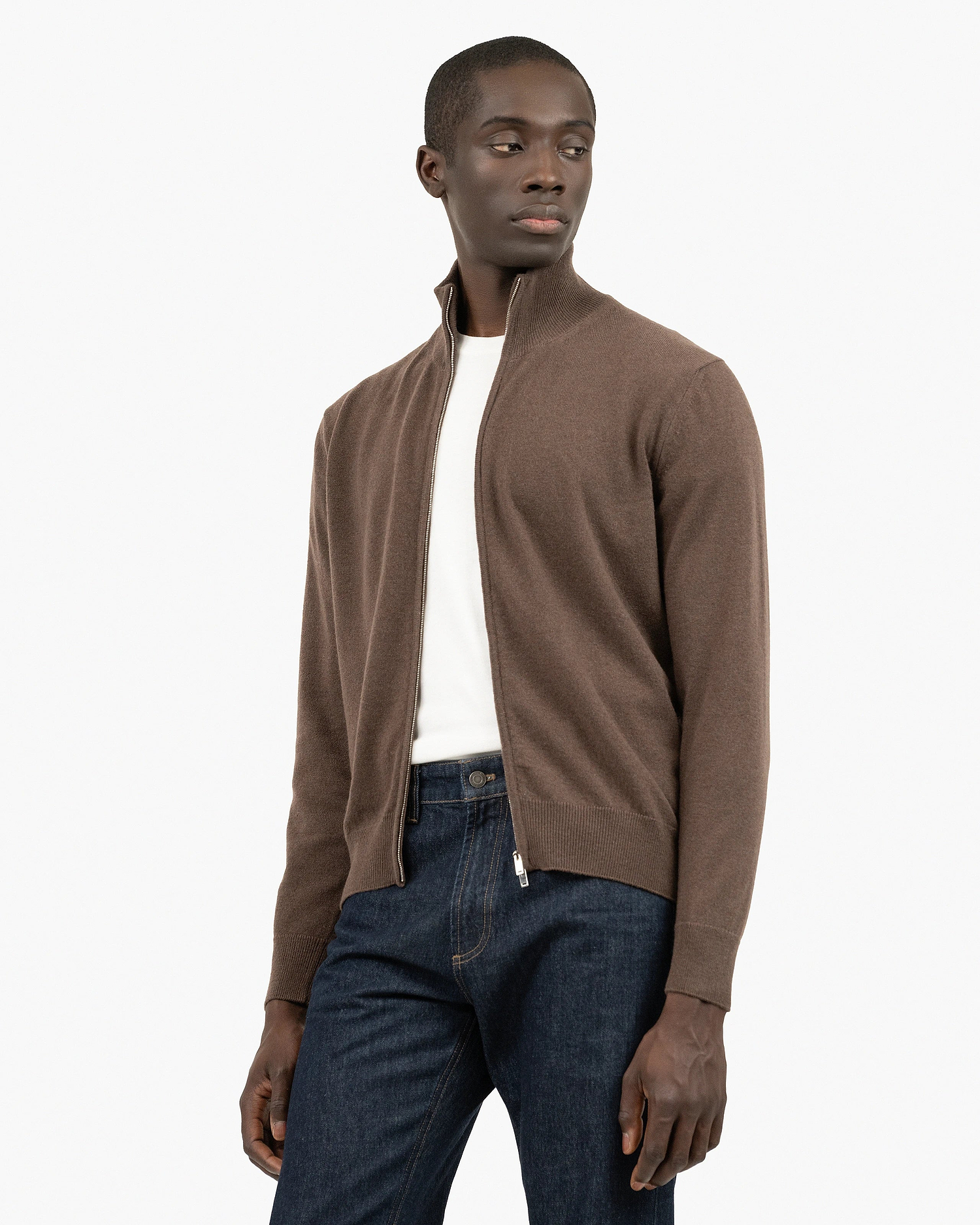 Mens' Classic Zip Cardigan - Brown Cashmere